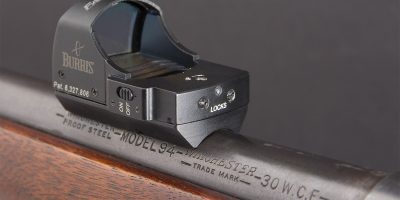 Photo of a dovetail red dot mount for Vortex Venom, Burris FastFire 3, and other red dot reflex sights, made by Turnbull Restoration for Winchester Model 94 and Model 1892 lever action rifle barrels