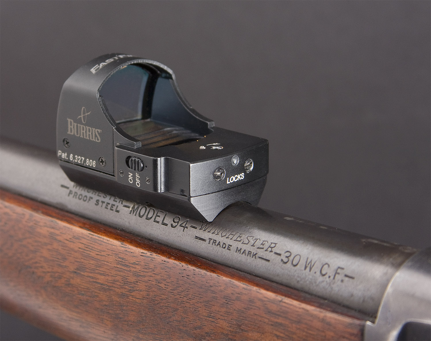 Photo of a dovetail red dot mount for Vortex Venom, Burris FastFire 3, and other red dot reflex sights, made by Turnbull Restoration for Winchester Model 94 and Model 1892 lever action rifle barrels