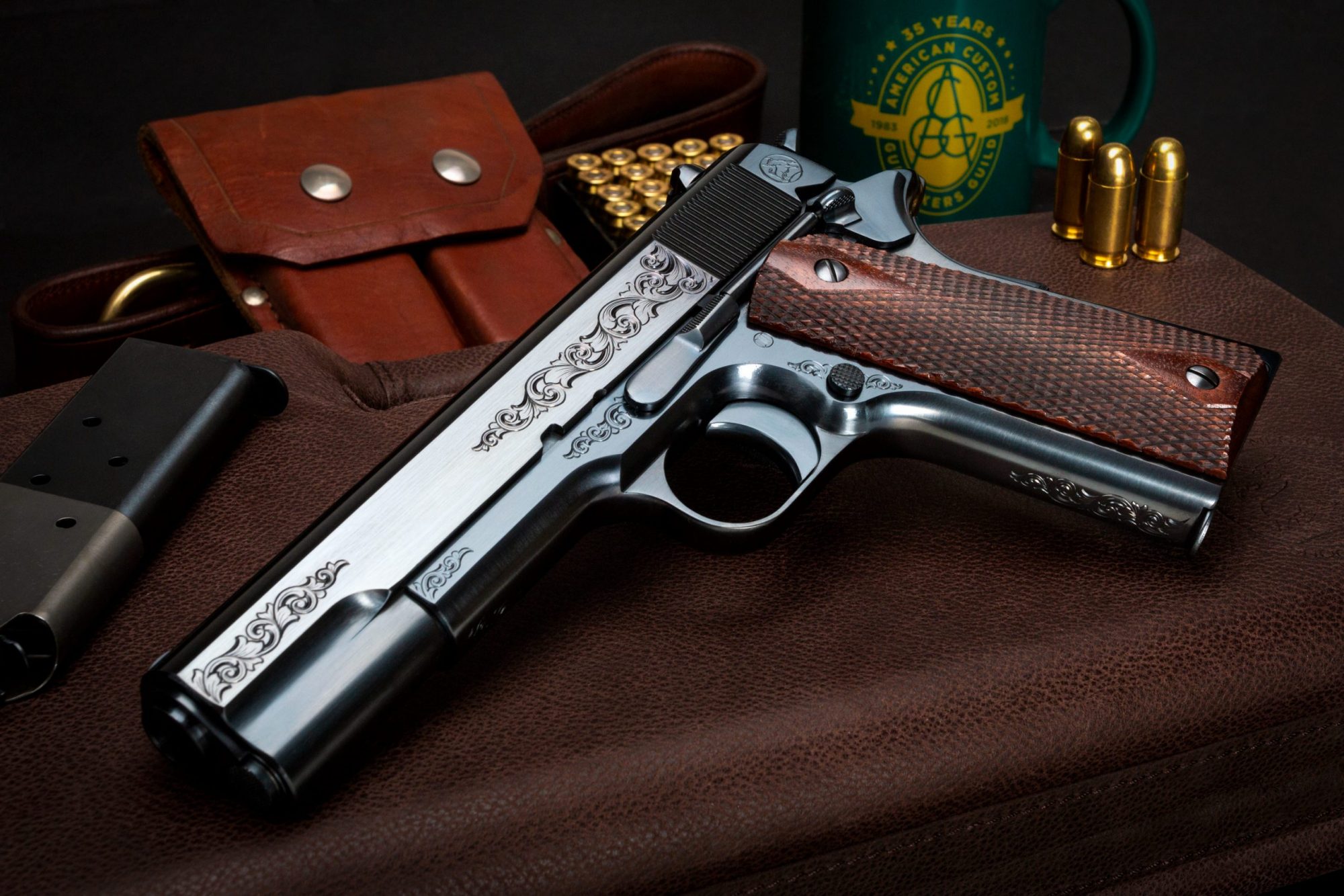 Engraved Turnbull Model 1911 with high polish charcoal bluing