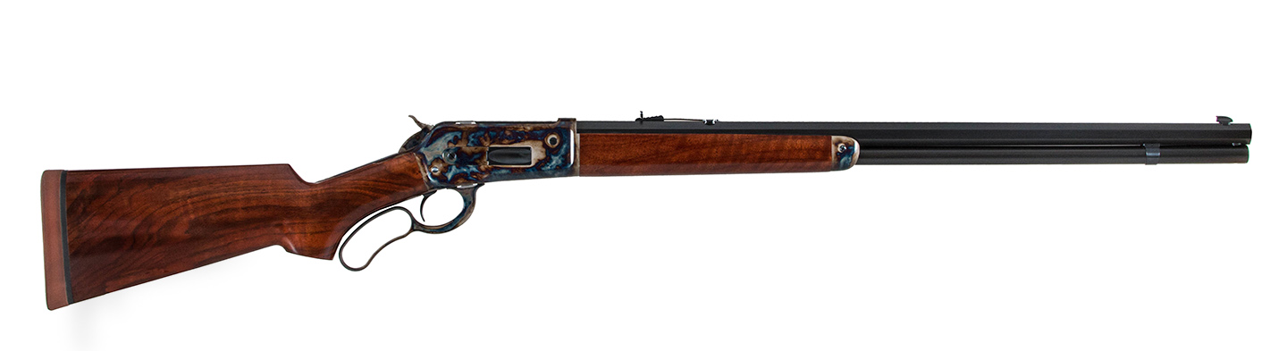 Photo of a Turnbull Restoration Model 1886 lever action rifle chambered in .475 Turnbull, and featuring period-correct color case hardening