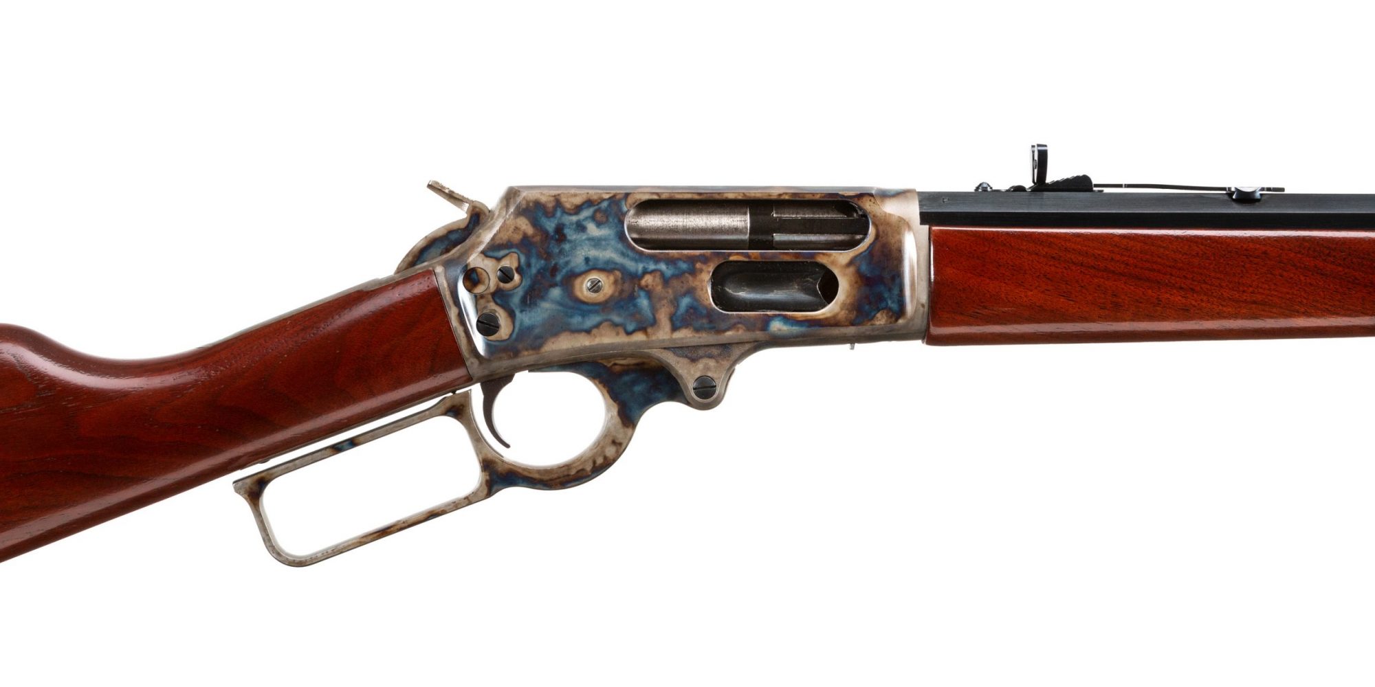 Photo of Marlin 1895CB chambered in .470 Turnbull, featuring Turnbull Restoration color case hardened action and forend cap
