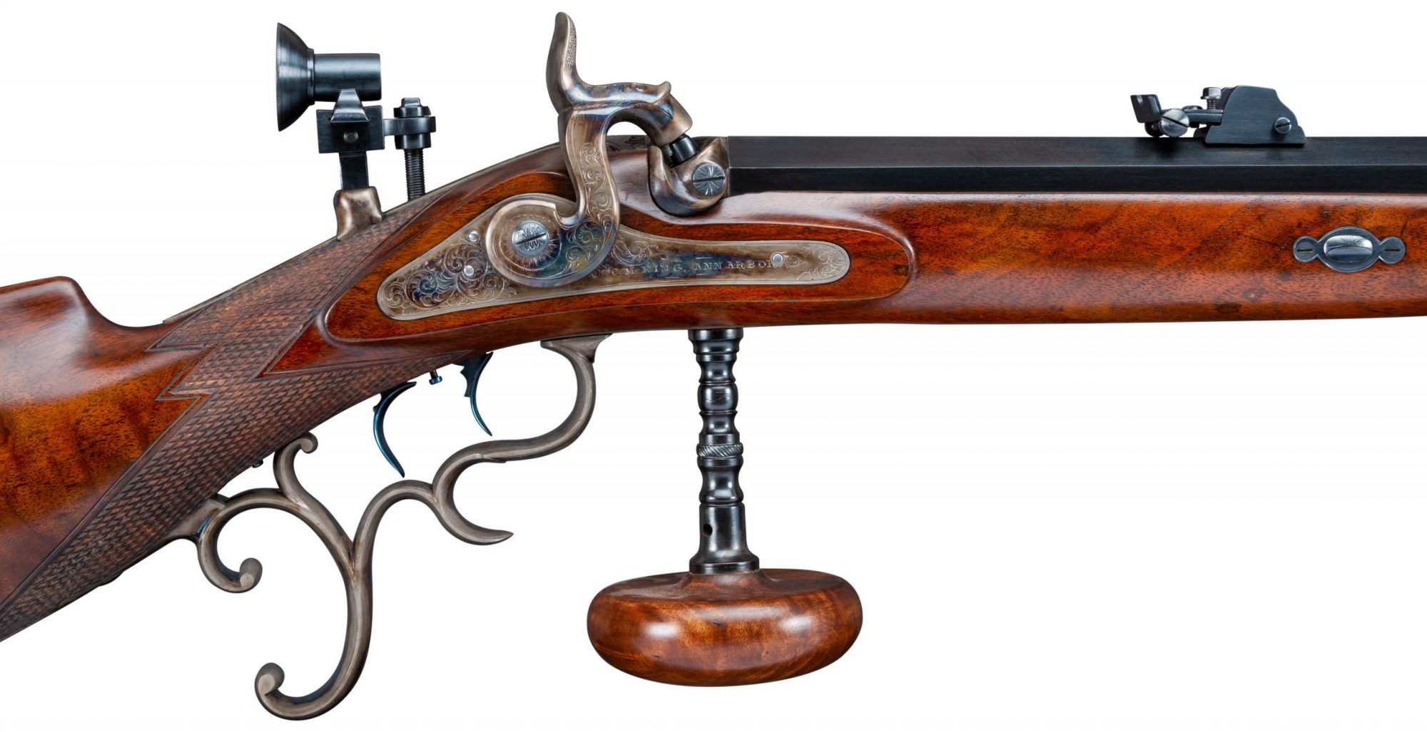 Photo of Germanic-themed percussion Schuetzen rifle, after restoration by Turnbull Restoration Co.
