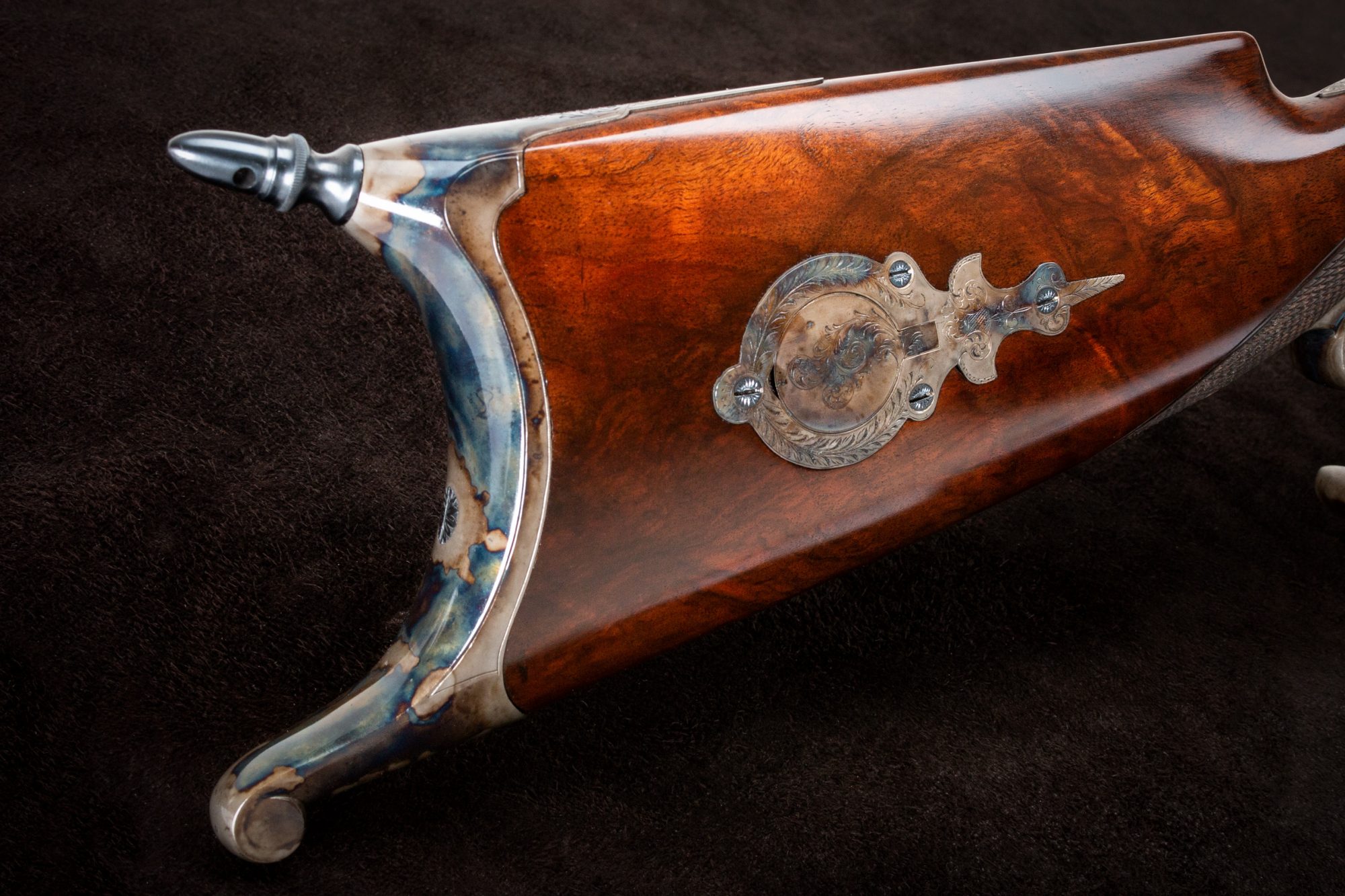 Photo of Germanic-themed percussion Schuetzen rifle, after restoration by Turnbull Restoration Co.