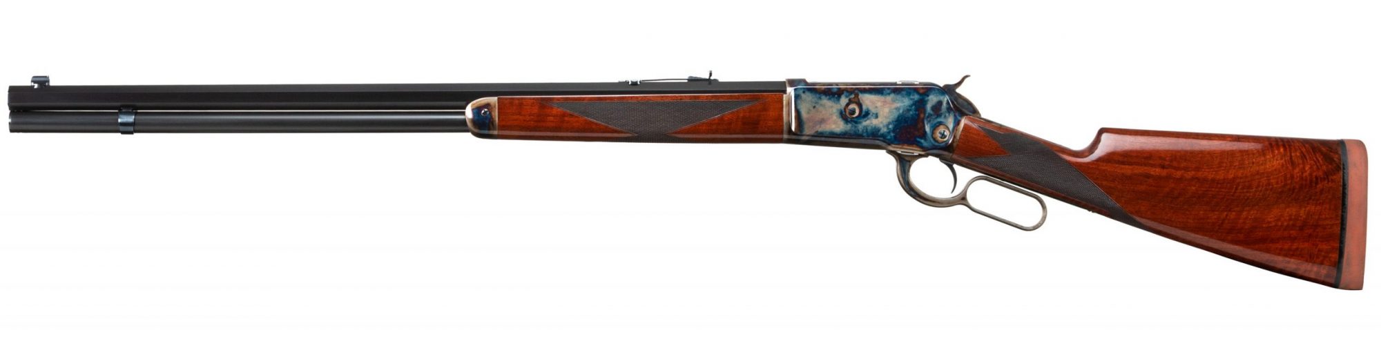 Photo of a Turnbull Model 1886 rifle chambered in .45-70 Govt., and featuring all period-correct finishes including color case hardening