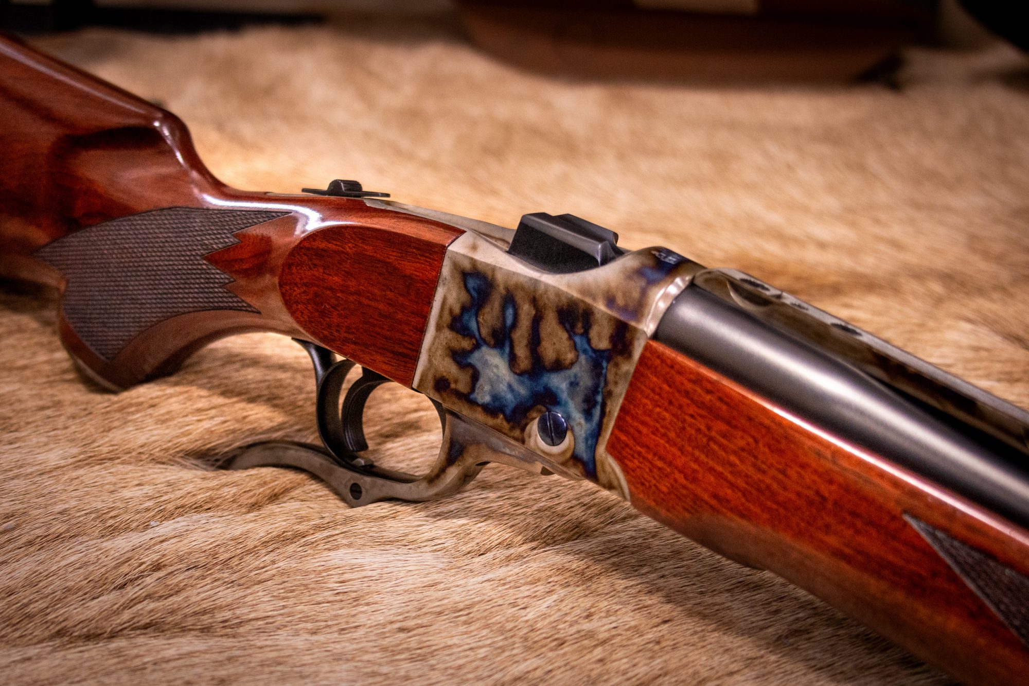 Photo of Ruger No 1 rifle, fully refinished by Turnbull Restoration, featuring bone charcoal color case hardening and hand re-finished wood