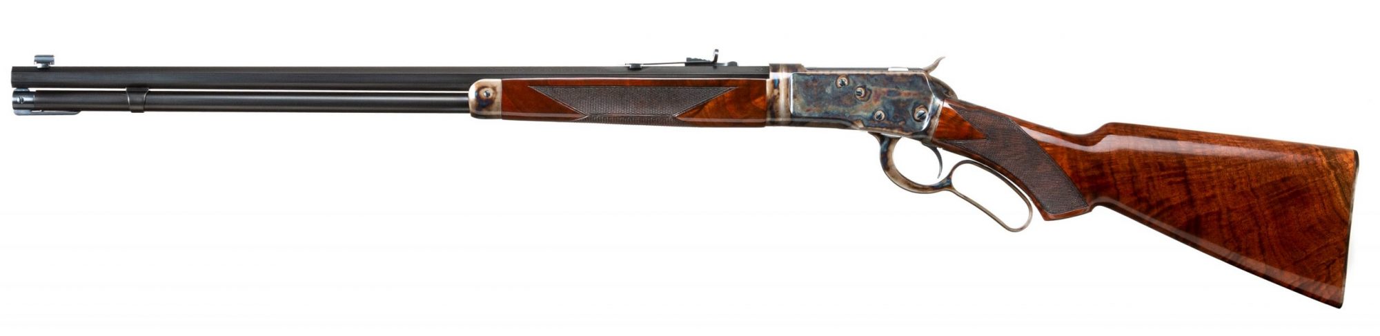 Photo of a Turnbull Finished Winchester 1892 Deluxe Takedown, featuring case color hardening, rust blue barrel and magazine tube finish, and hand-rubbed oil wood finish