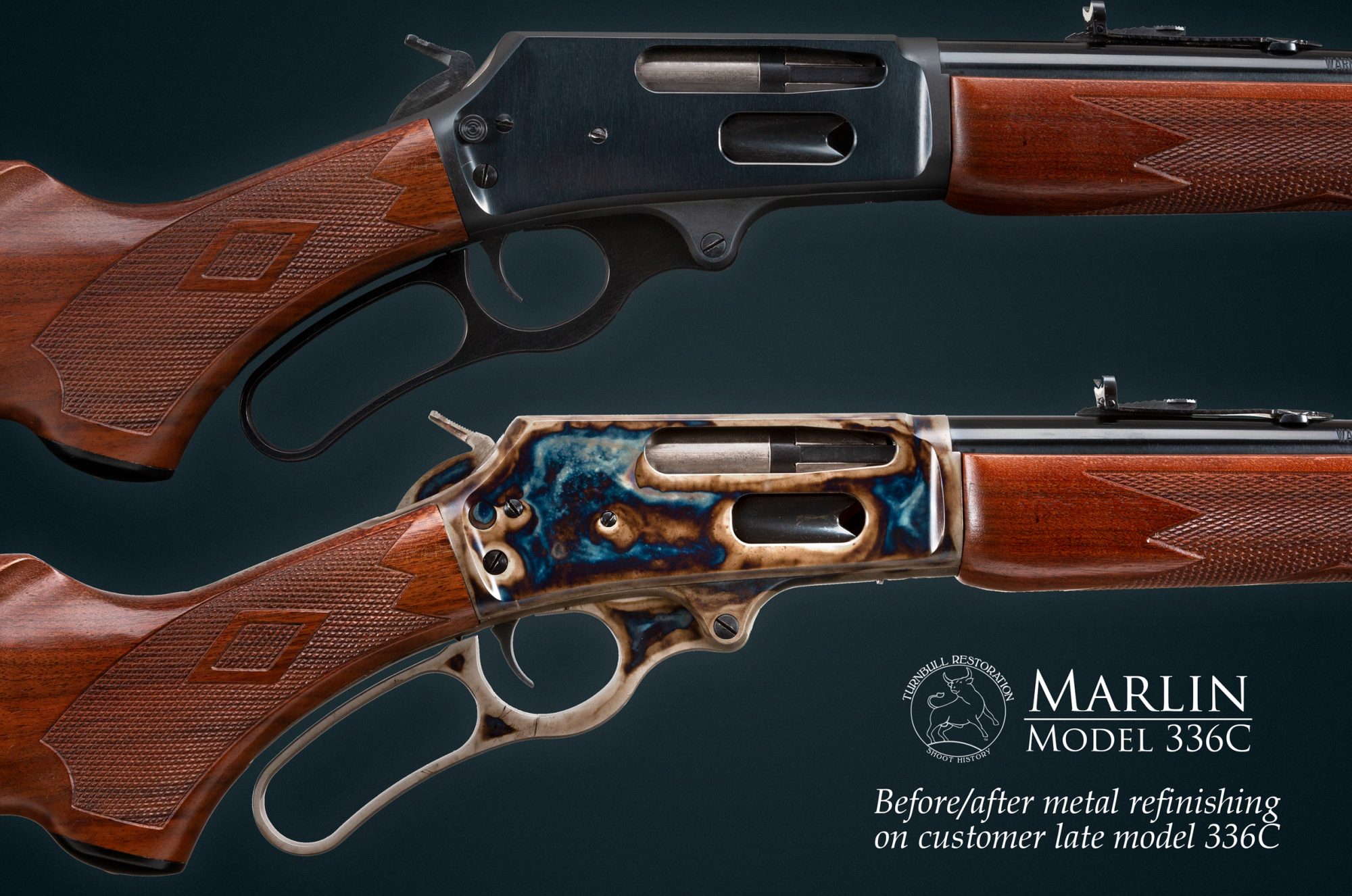 Photo of Turnbull Restoration color case hardening as applied to a late model Marlin 336C