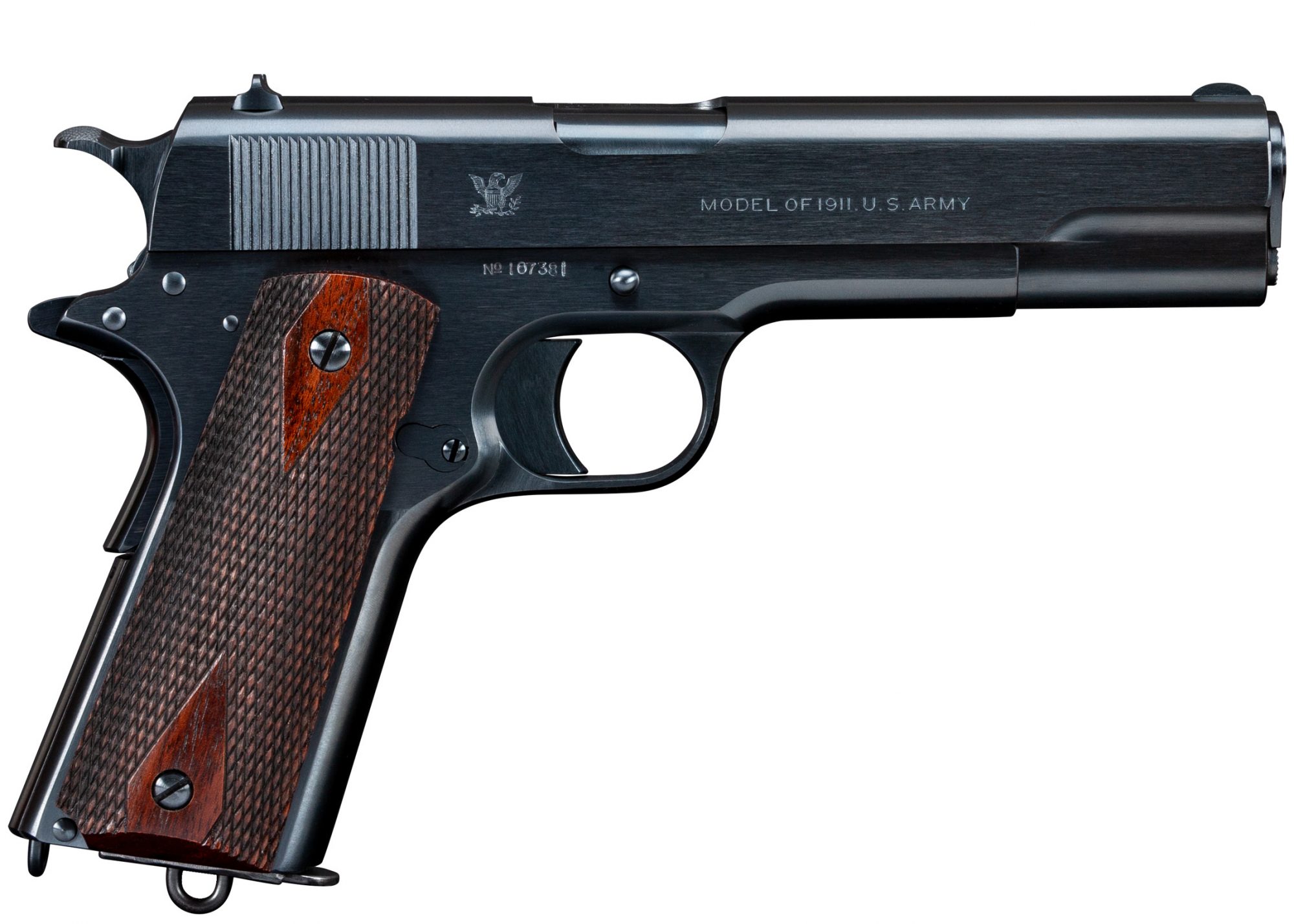 Photo of a Springfield Model 1911 from 1914, fully restored by Turnbull Restoration and featuring period-correct charcoal bluing