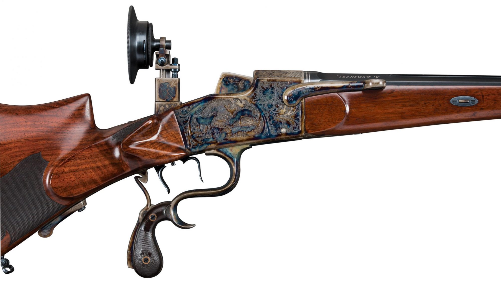 Restored color case hardened and engraved German gun receiver, originally manufactured in the 1920s, restored by Turnbull Restoration and featuring all period-correct metal and wood finishes