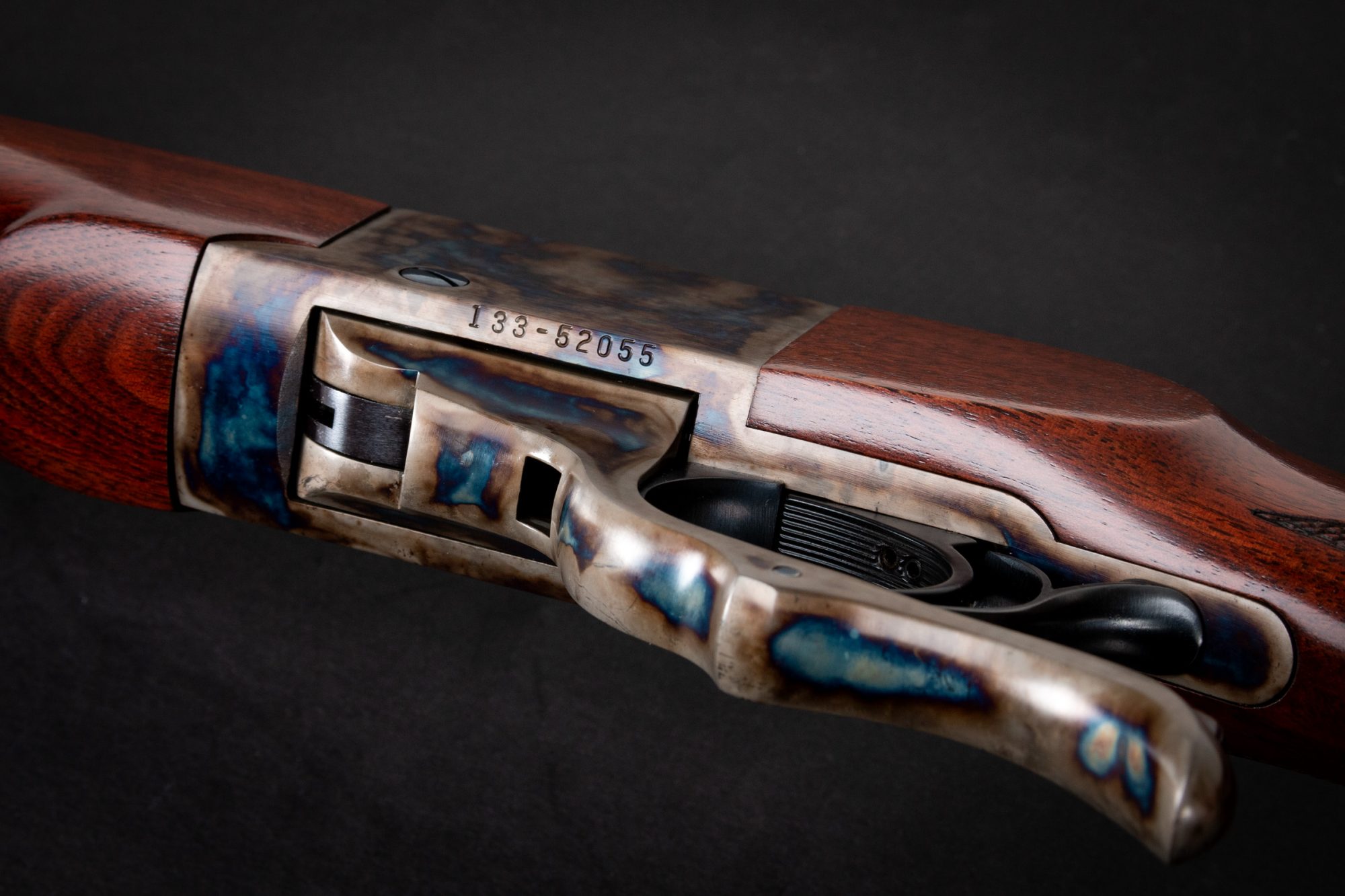 Photo of Ruger No 1 rifle, fully refinished by Turnbull Restoration, featuring bone charcoal color case hardening and hand re-finished wood