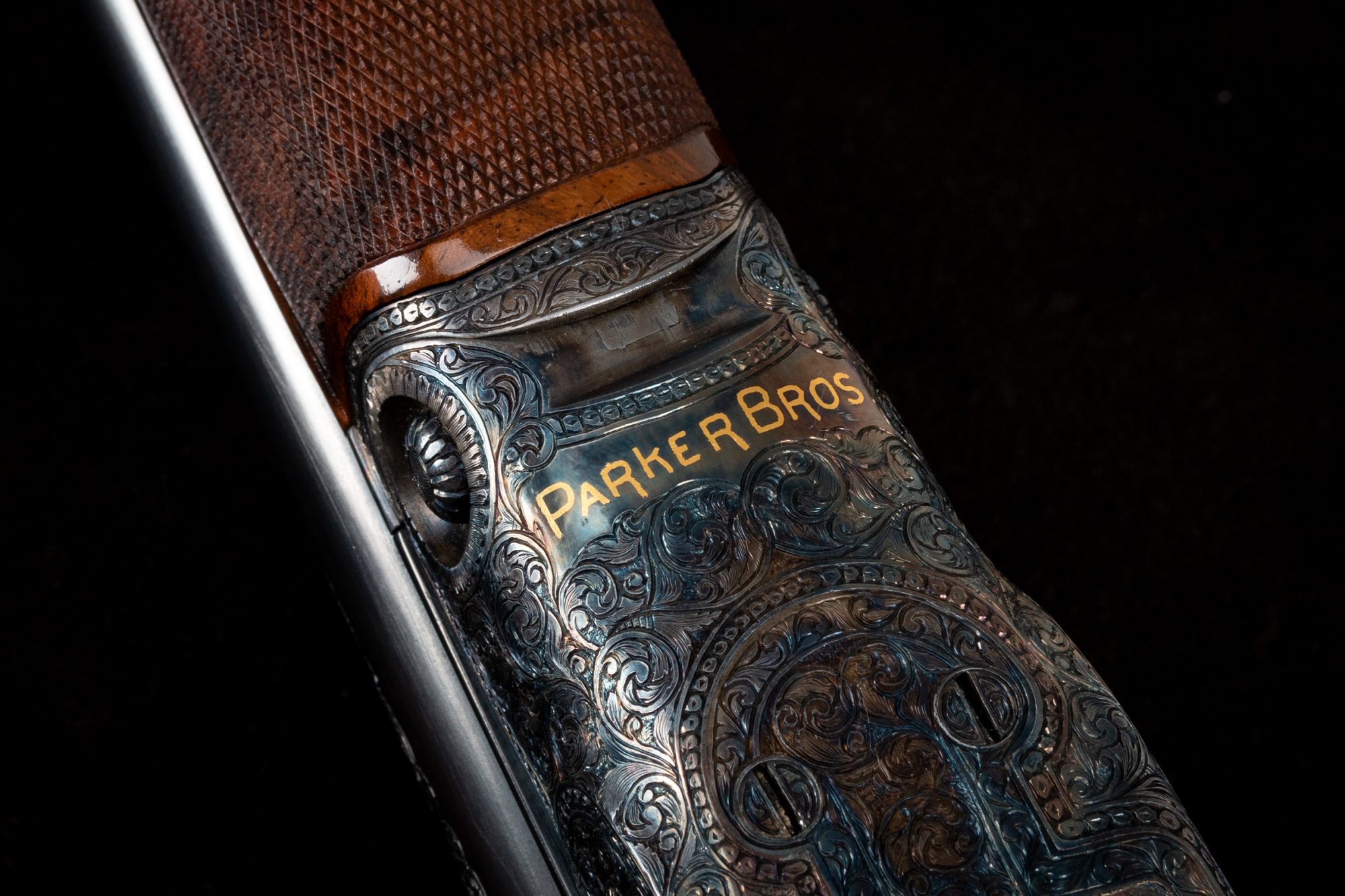 Photo of pre-owned Parker VHE 20 gauge shotgun, upgraded by previous owner to A1 Special. Features color case hardening and other metal finishes by Turnbull Restoration