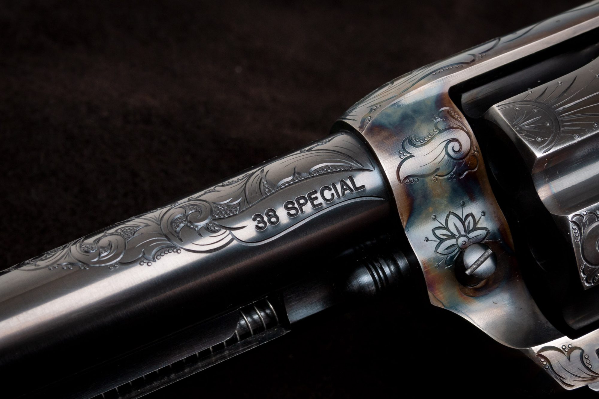 Photo of a pre-owned Turnbull Open Range single action revolver featuring Turnbull color case hardening and other period correct metal finishes, sold as-is through Turnbull Restoration