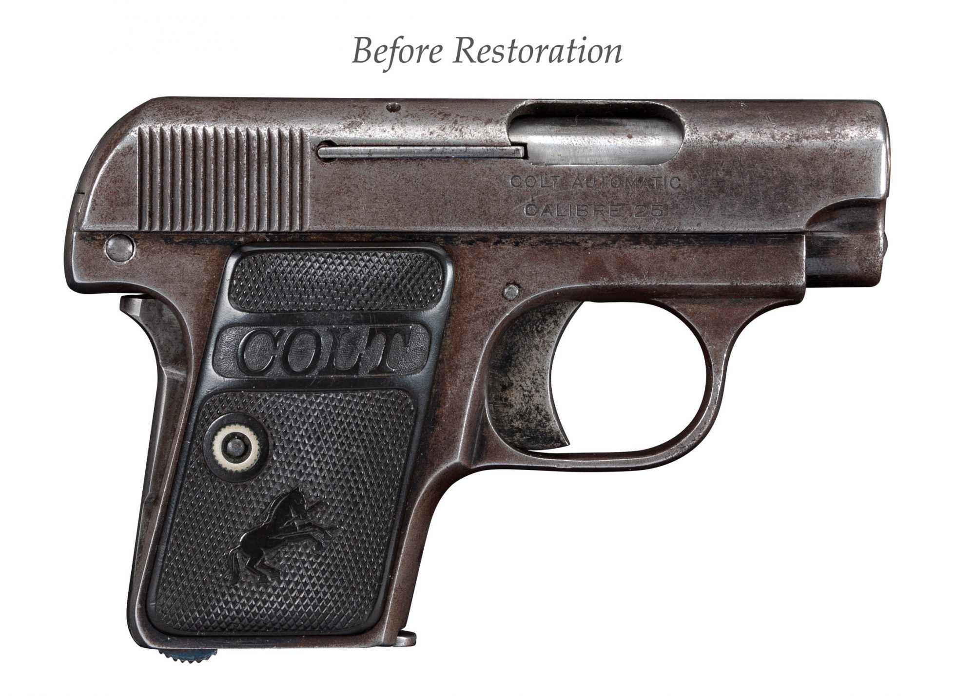 Photo of a Colt 1908 Vest Pocket, before restoration by Turnbull Restoration