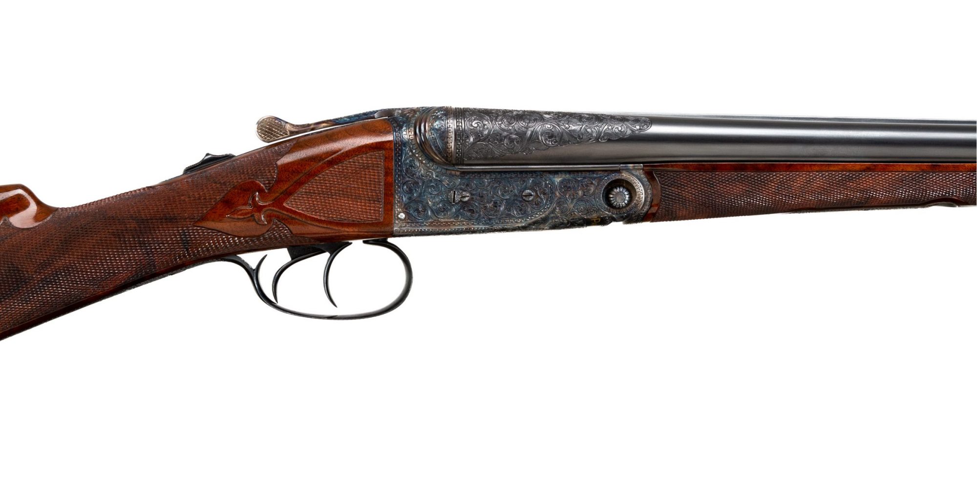 Photo of pre-owned Parker VHE 20 gauge shotgun, upgraded by previous owner to A1 Special. Features color case hardening and other metal finishes by Turnbull Restoration