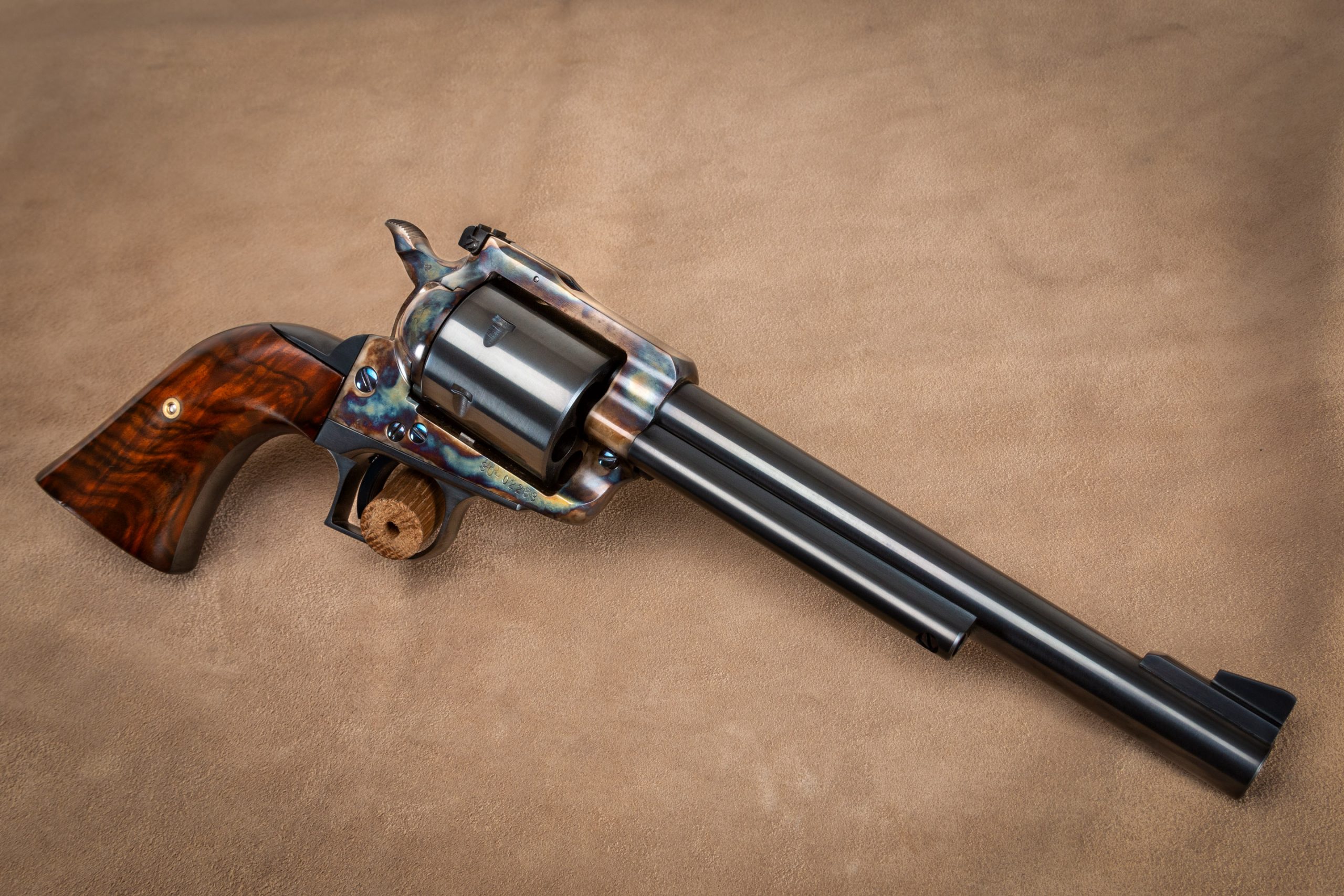 Photo of a Ruger Super Blackhawk with bone charcoal color case hardening by Turnbull Restoration