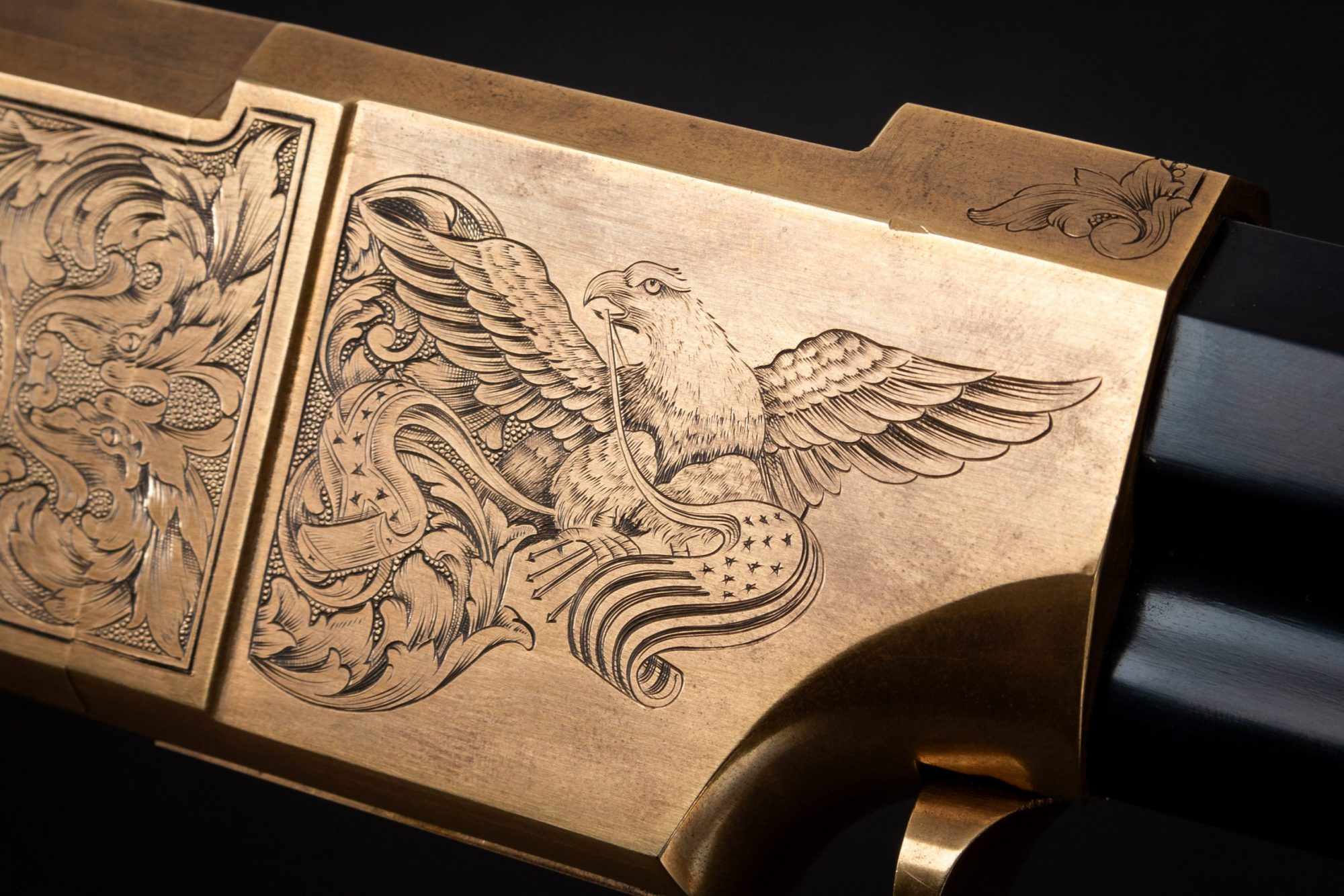 Close-up photo of a Navy Arms A. Uberti 1860 Henry, Engraved by FEGA Master Lee Griffiths, sold as-is by Turnbull Restoration