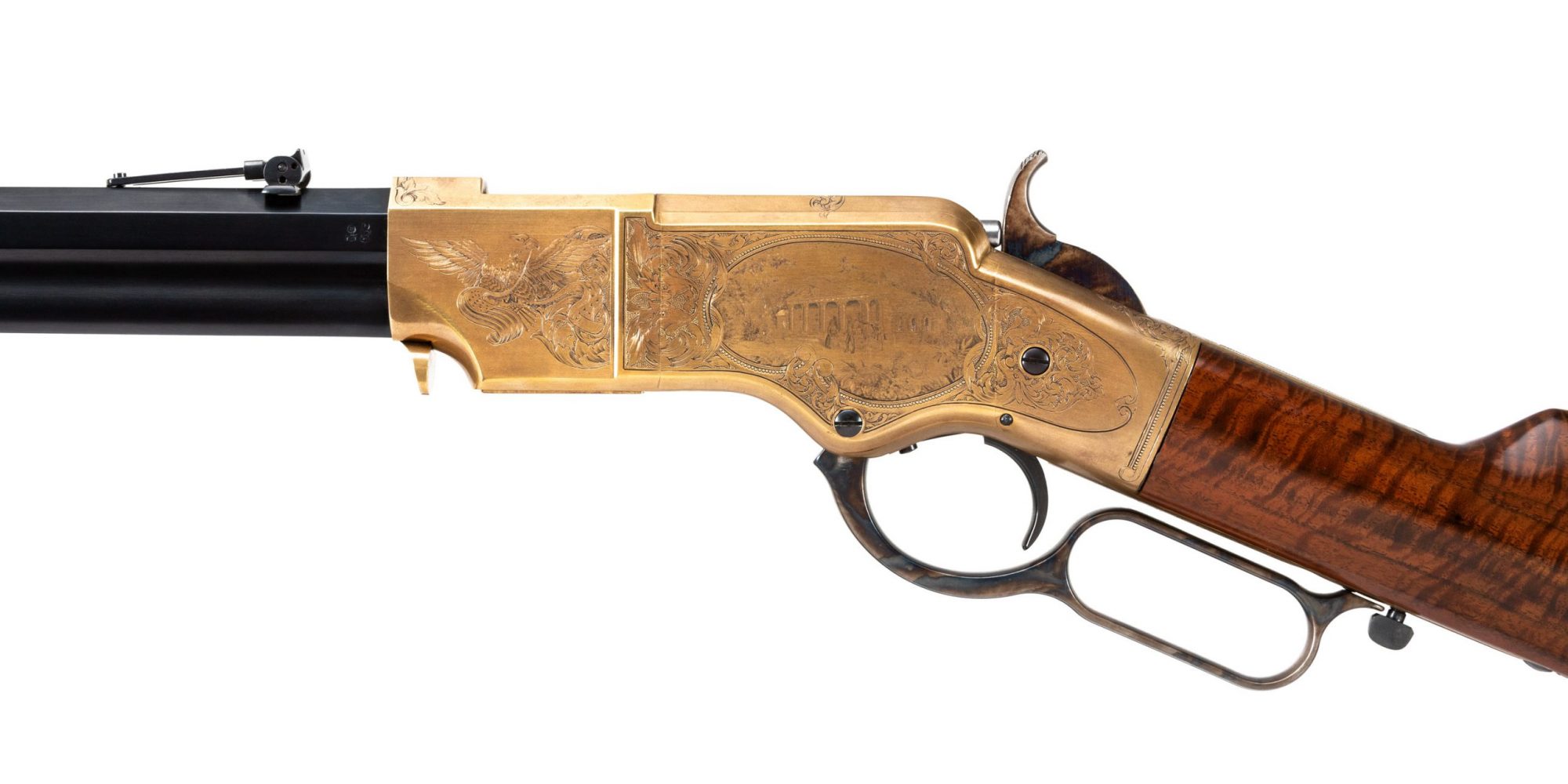 Photo of a Navy Arms A. Uberti 1860 Henry, Engraved by FEGA Master Lee Griffiths, sold as-is by Turnbull Restoration