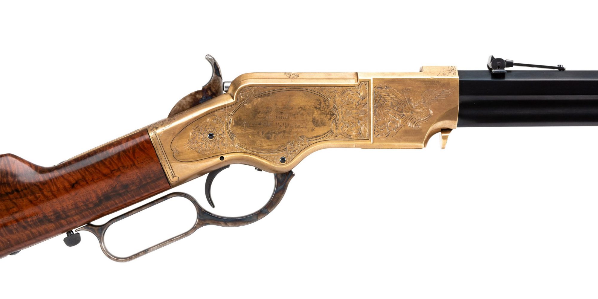 Photo of a Navy Arms A. Uberti 1860 Henry, Engraved by FEGA Master Lee Griffiths, sold as-is by Turnbull Restoration