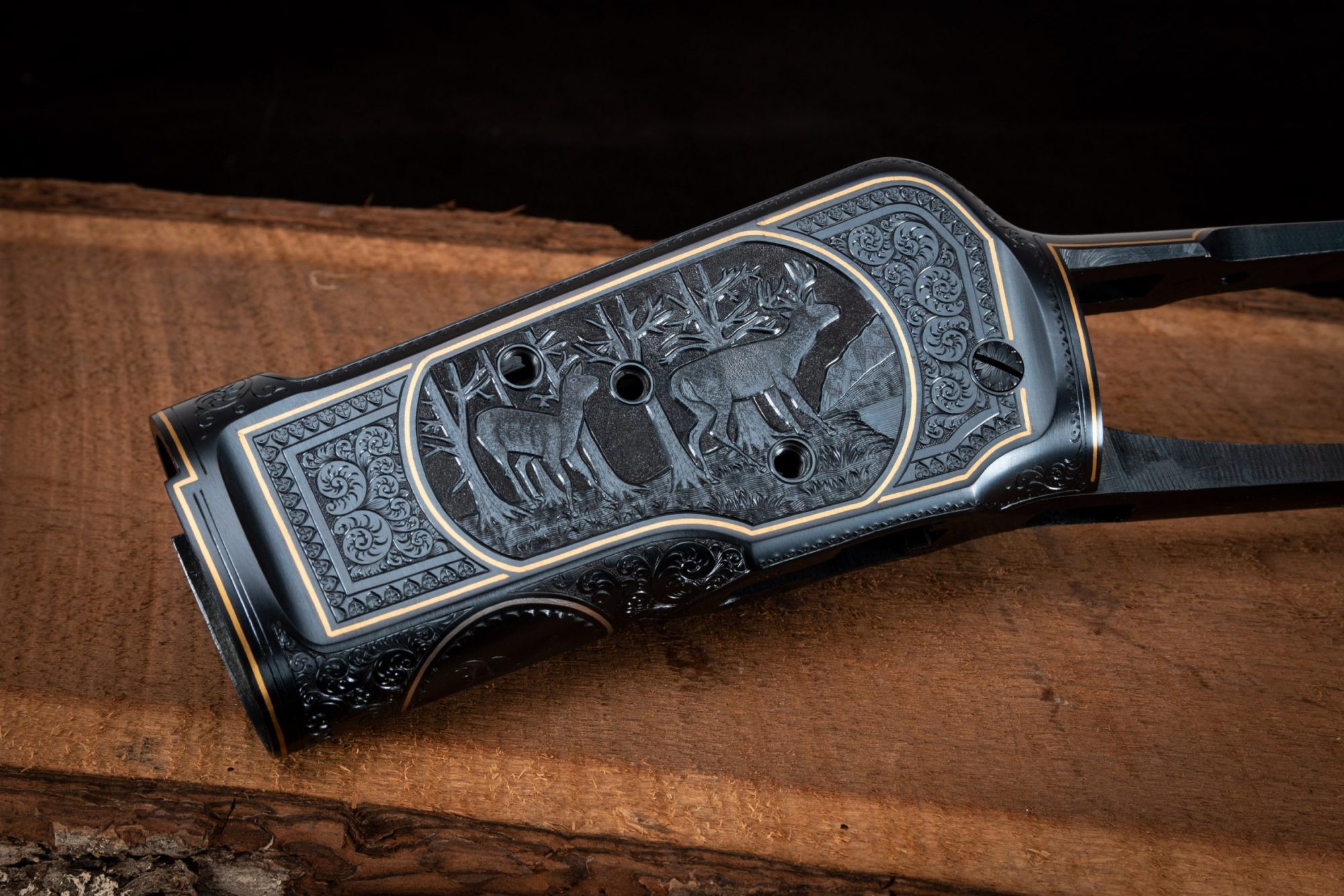 Photo of engraved and charcoal blued receiver on a fully restored Winchester Model 1892 from 1914, performed by Turnbull Restoration in Bloomfield, NY
