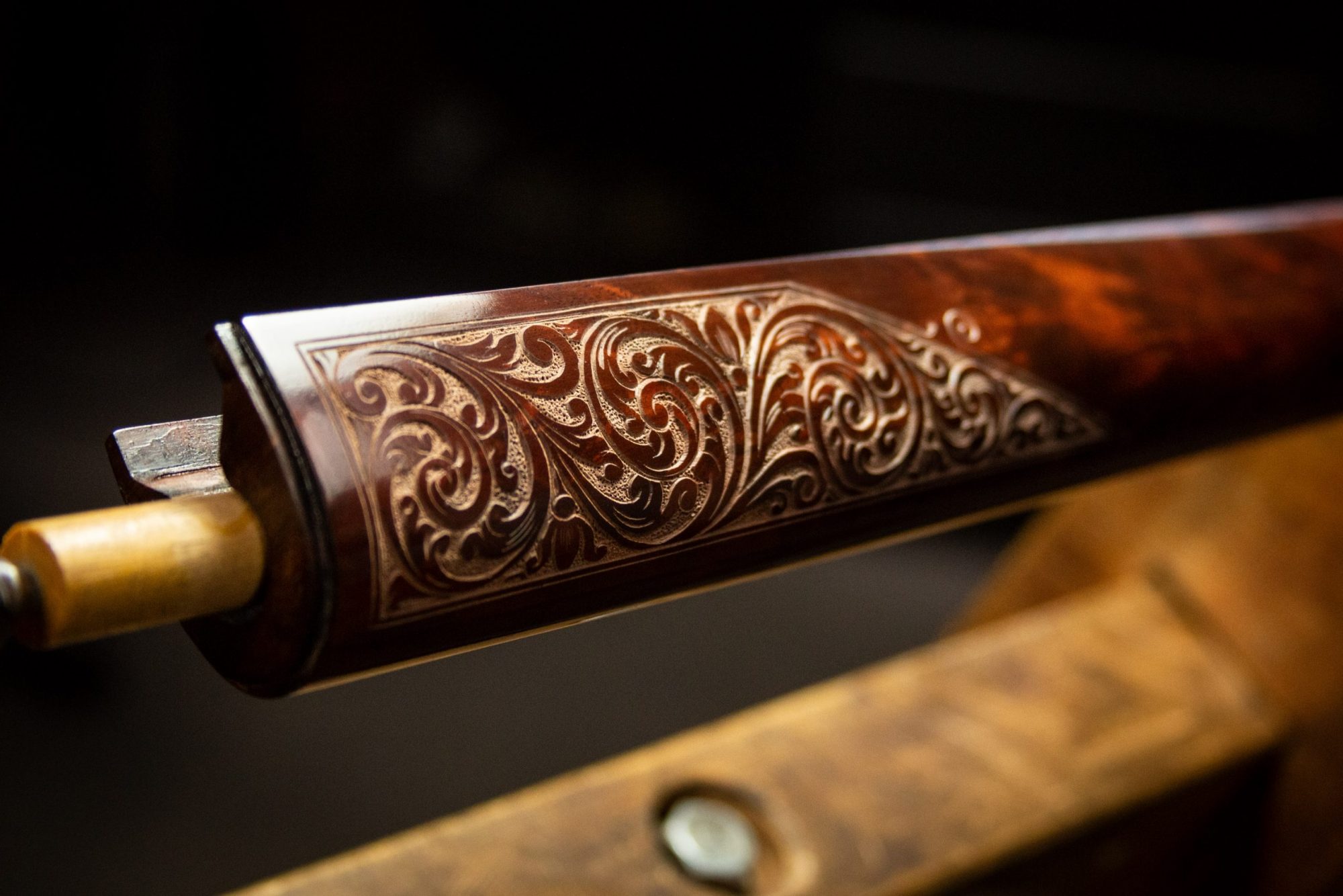 Photo of forend carving on a fully restored Winchester Model 1892 from 1914, performed by Turnbull Restoration in Bloomfield, NY