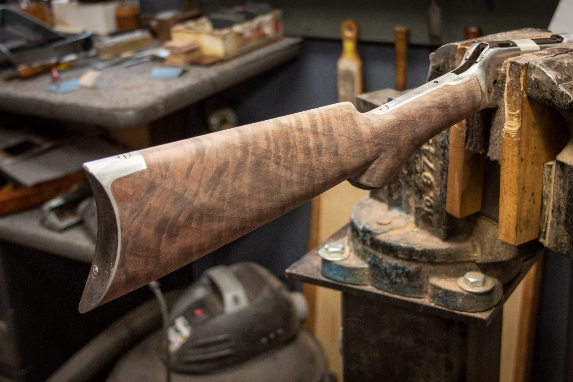 Photo of buttstock making on a fully restored Winchester Model 1892 from 1914, performed by Turnbull Restoration in Bloomfield, NY
