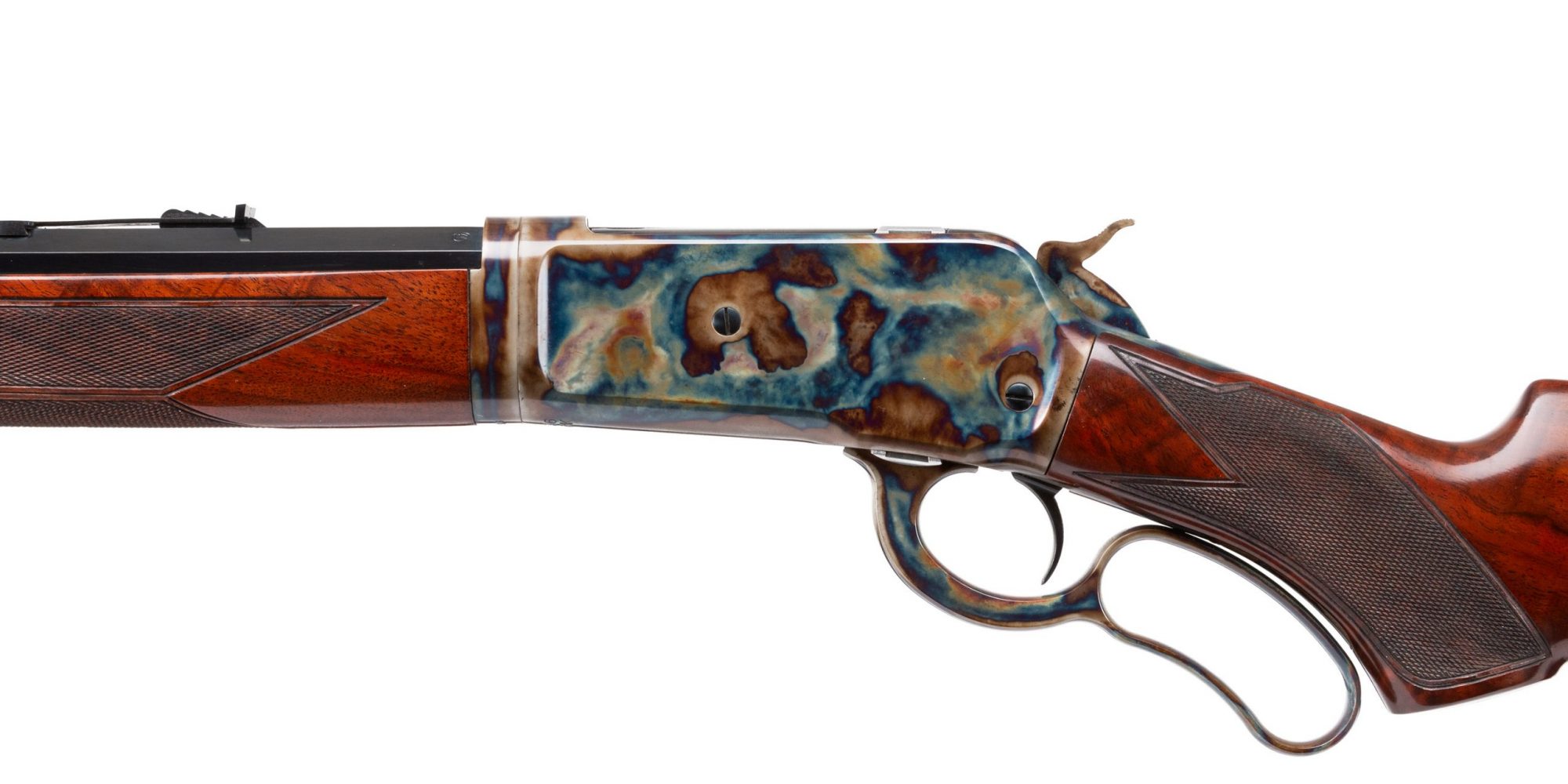 Photo of a late model Winchester 1886 featuring Turnbull Restoration finishes including color case hardening