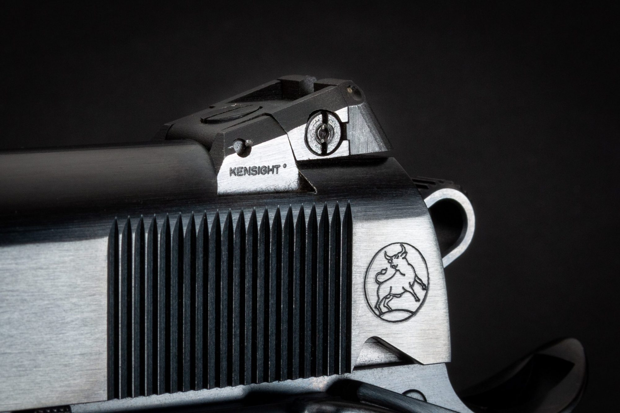 Close-up photo of a Kensight tritium adjustable rear sight on a Turnbull Model 1911 Government, featuring period-correct charcoal bluing