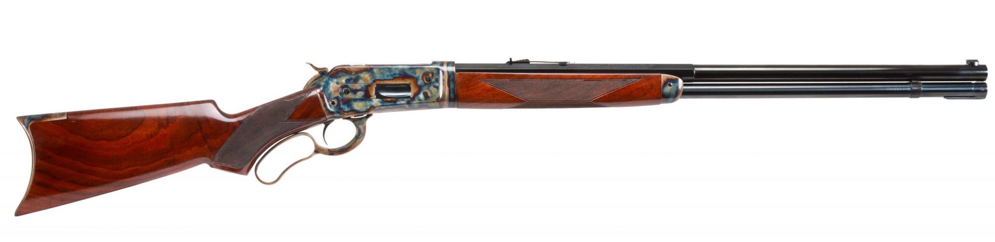 Photo of a late model Winchester 1886 featuring Turnbull Restoration finishes including color case hardening