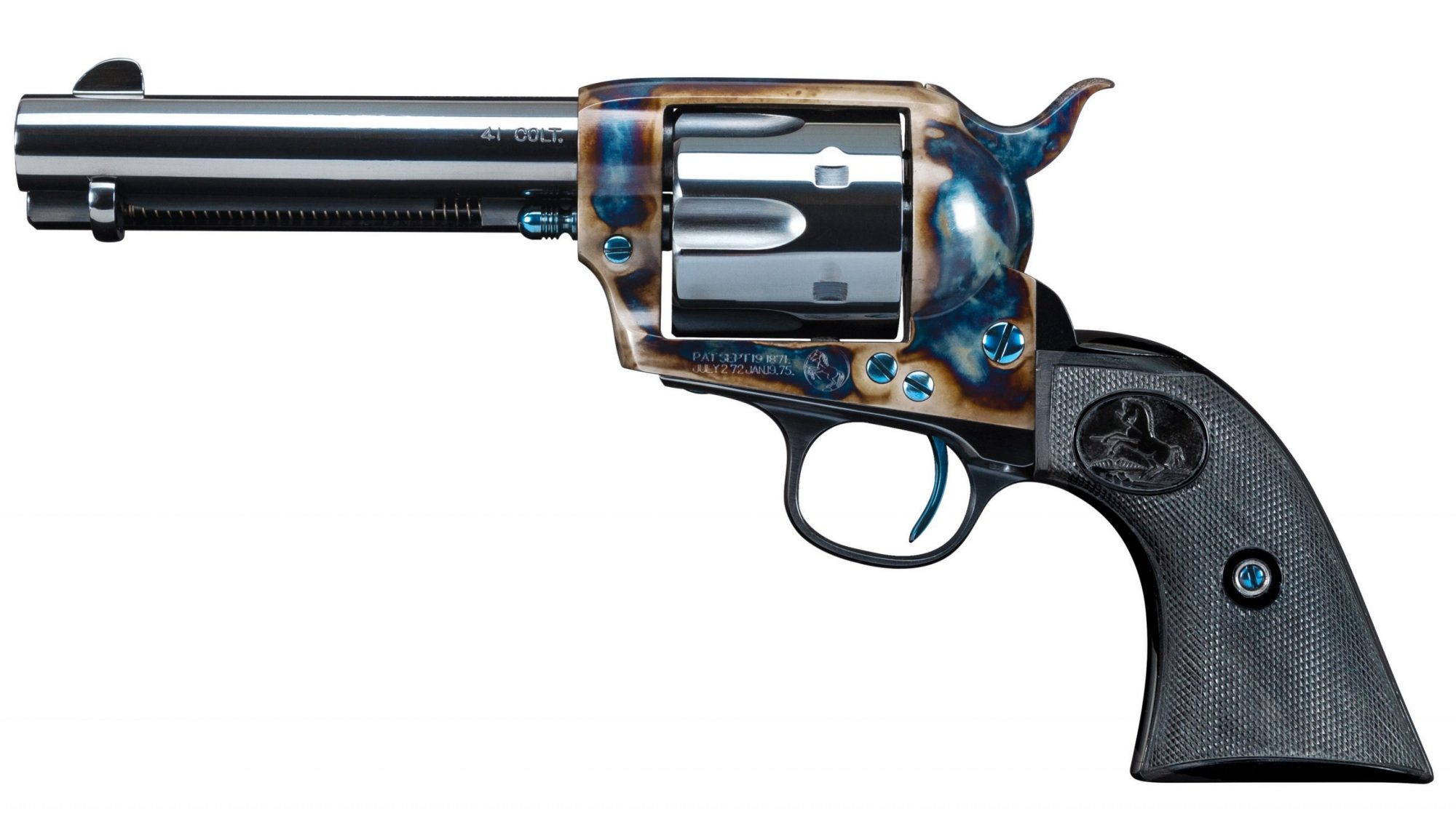 Photo of a restored Colt SAA, featuring color case hardening, charcoal bluing and nitre bluing by Turnbull Restoration