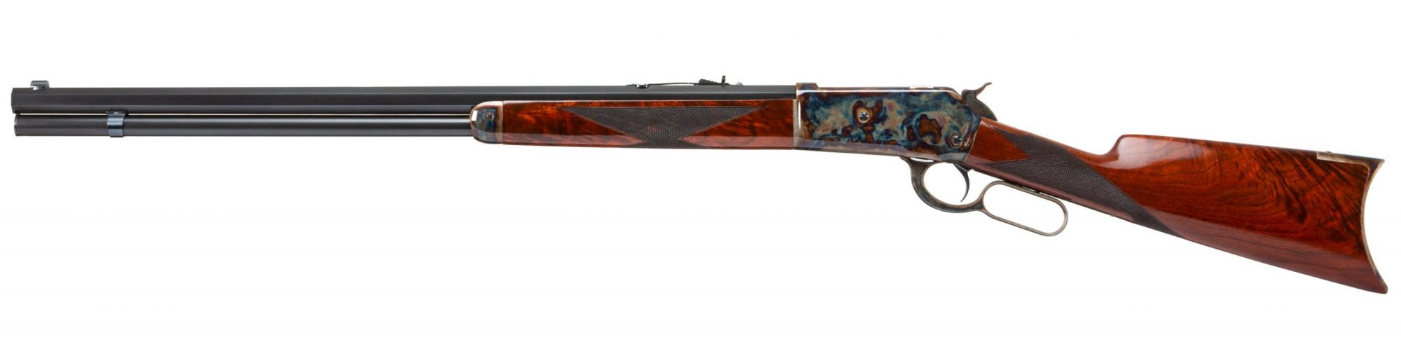Photo of a Winchester Model 1886 reproduction by Turnbull Restoration, featuring period-correct color case hardening, charcoal bluing and rust bluing
