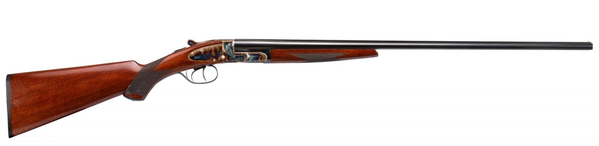 Photo of a pre-owned L.C. Smith Field Grade .410 gauge shotgun featuring bone charcoal color case hardening by Turnbull Restoration