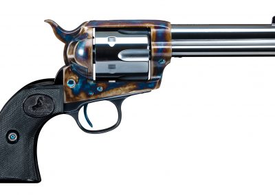 Photo of a restored Colt SAA, featuring color case hardening, charcoal bluing and nitre bluing by Turnbull Restoration