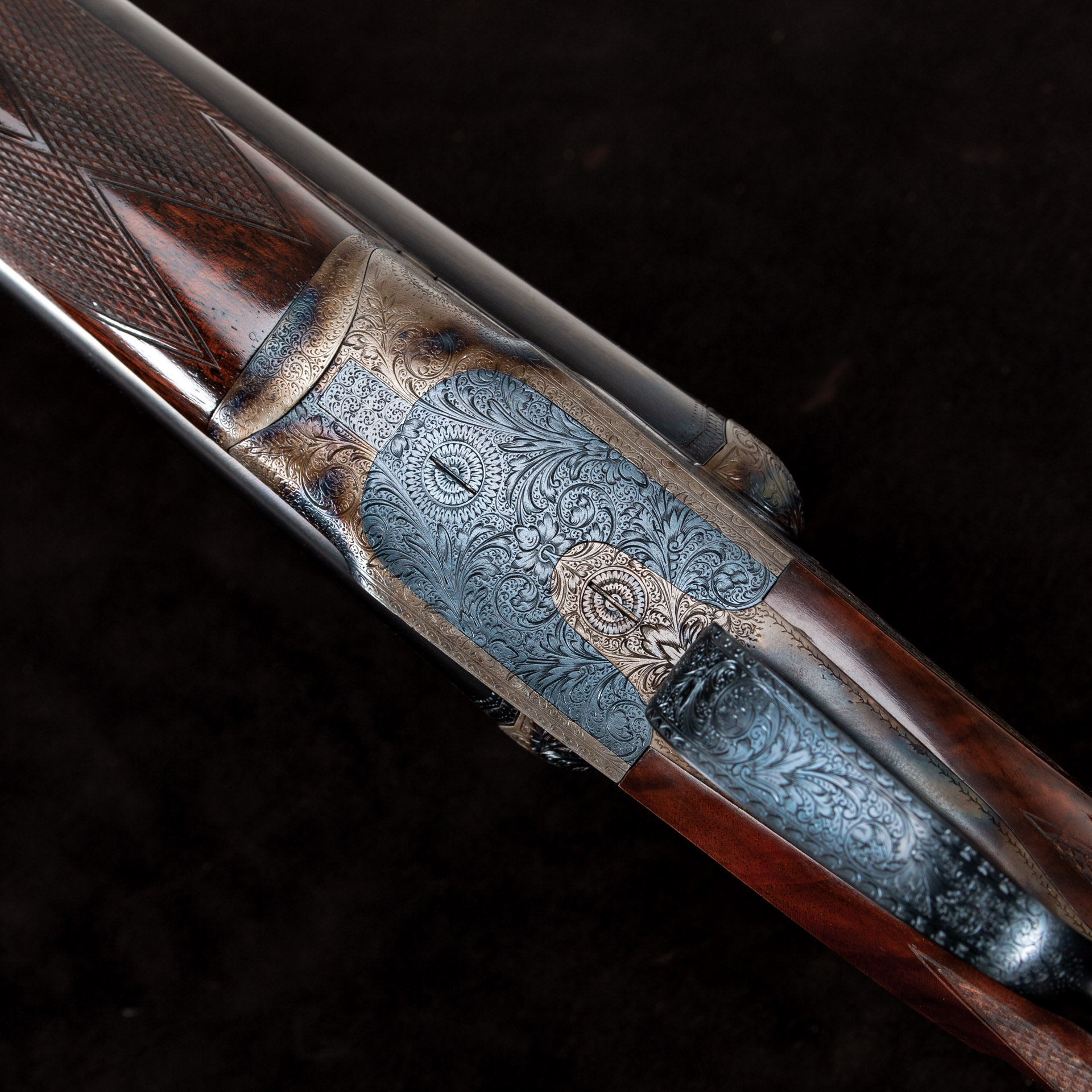 Photo of a Francotte Belgian 12 gauge side by side shotgun after restoration performed by Turnbull Restoration