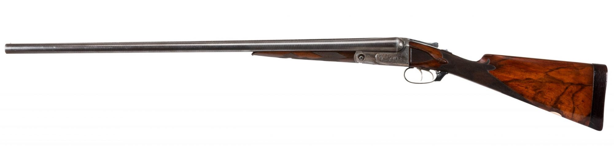 Photo of a pre-owned Parker BH 12 gauge side by side shotgun, being sold as-is by Turnbull Restoration of Bloomfield, New York