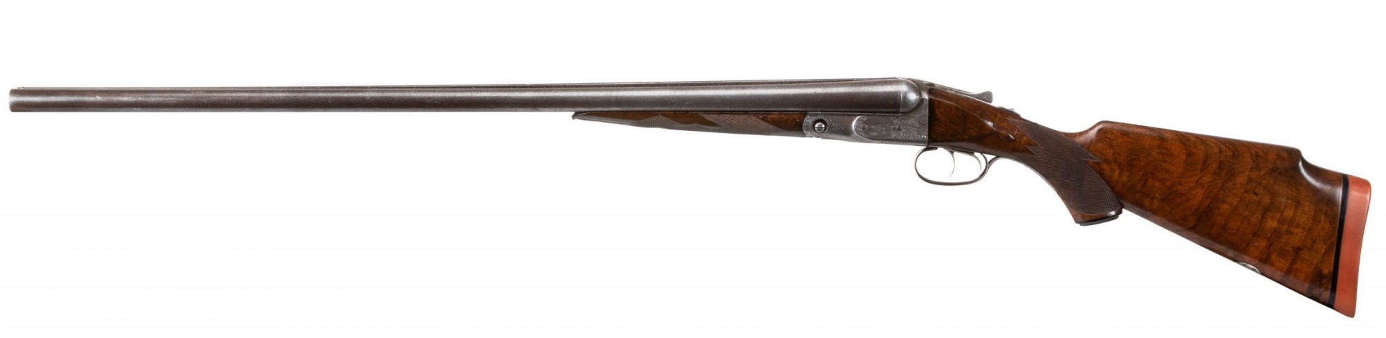 Photo of a pre-owned Parker DH 12 gauge side by side shotgun, being sold as-is by Turnbull Restoration of Bloomfield, New York