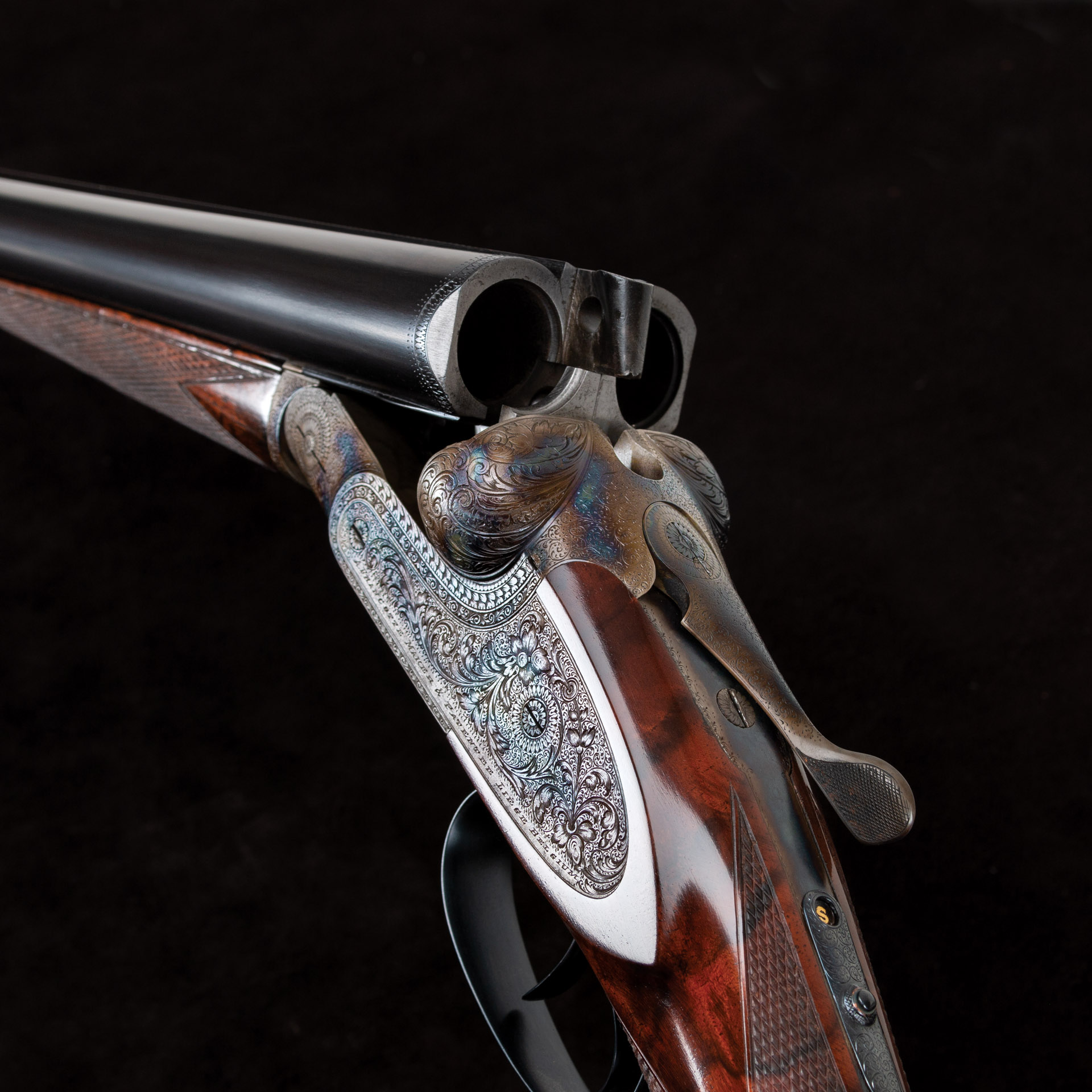 Photo of a Francotte Belgian 12 gauge side by side shotgun after restoration performed by Turnbull Restoration