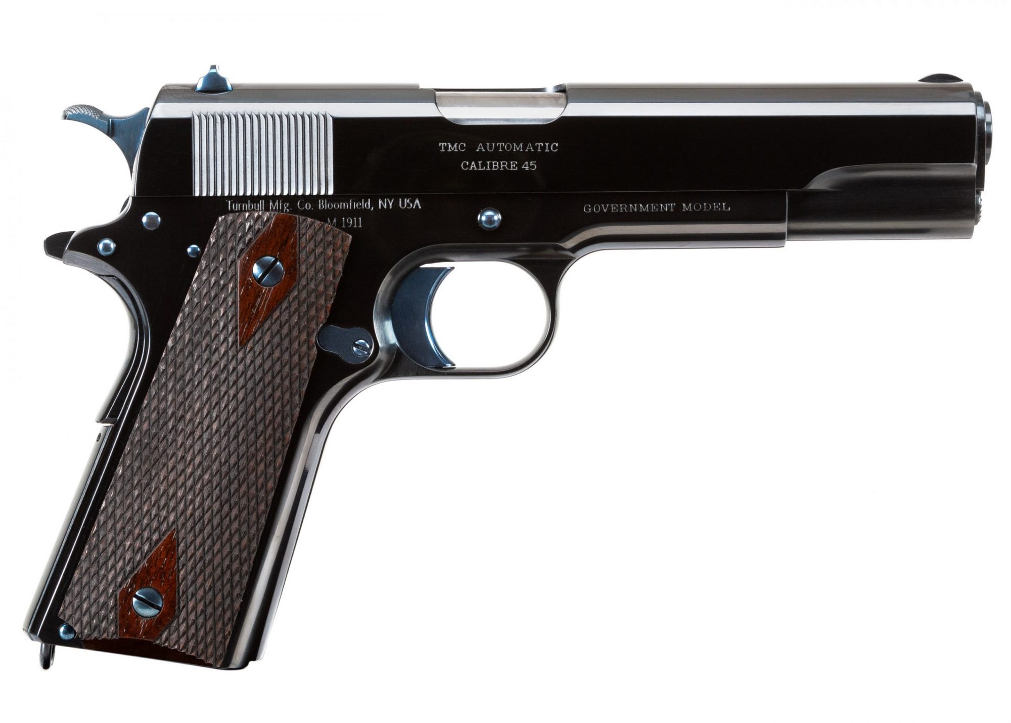 Photo of a new, Turnbull-manufactured Commercial Model 1911 featuring period-correct charcoal bluing and nitre bluing