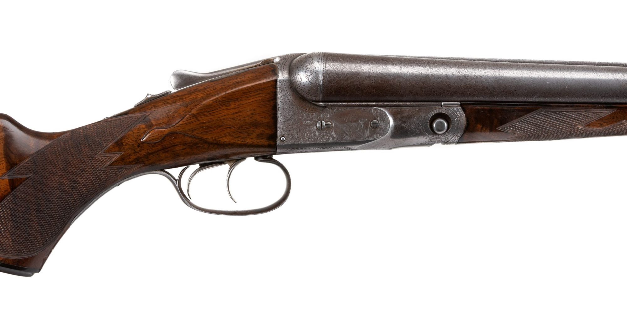 Photo of a pre-owned Parker DH 12 gauge side by side shotgun, being sold as-is by Turnbull Restoration of Bloomfield, New York
