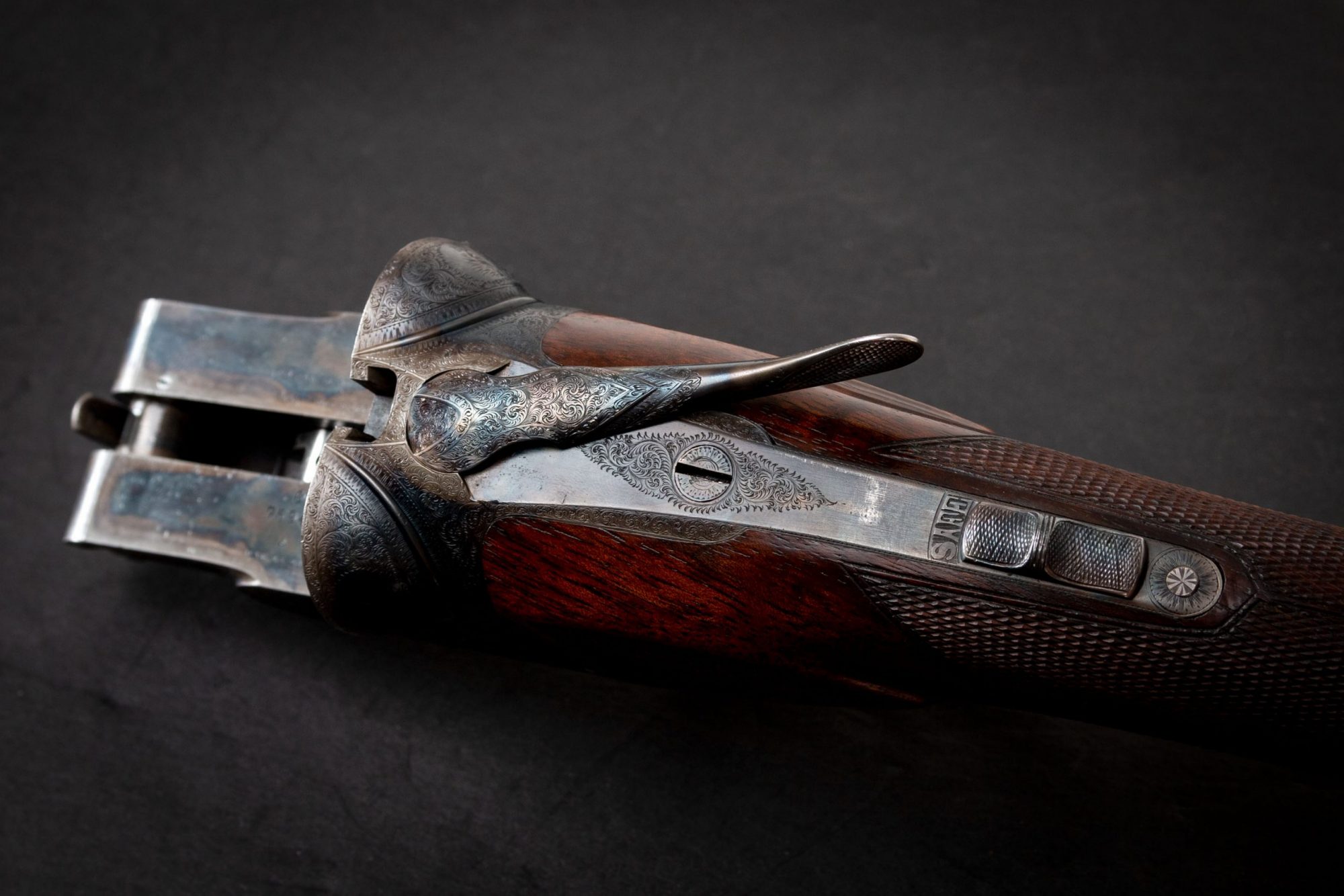Photo of antique shotgun, Parker A Grade from 1892, color case hardening by Turnbull Restoration