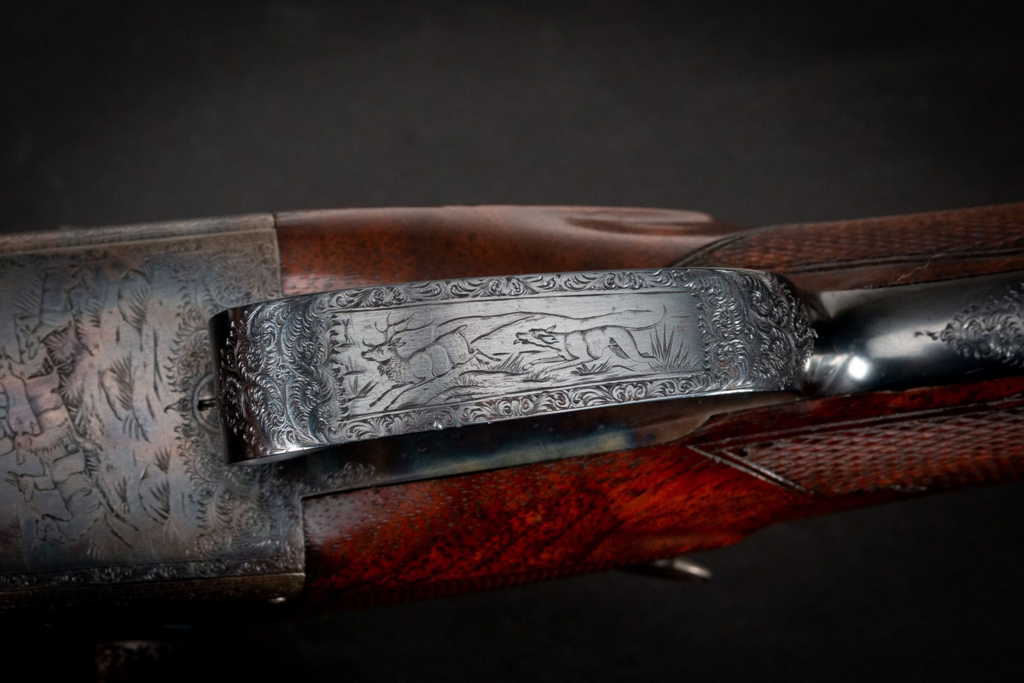 Photo of antique shotgun, Parker A Grade from 1892, color case hardening by Turnbull Restoration