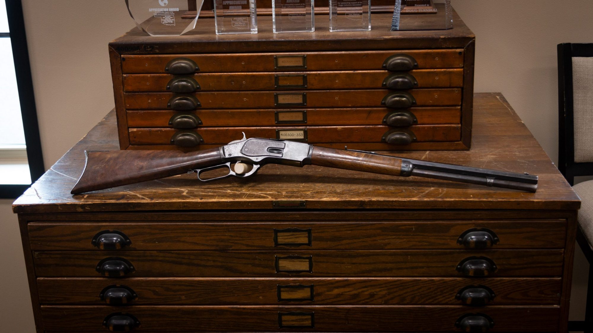 Photo of an antique Winchester Model 1873 from 1892, as sold by Turnbull Restoration in Bloomfield, NY