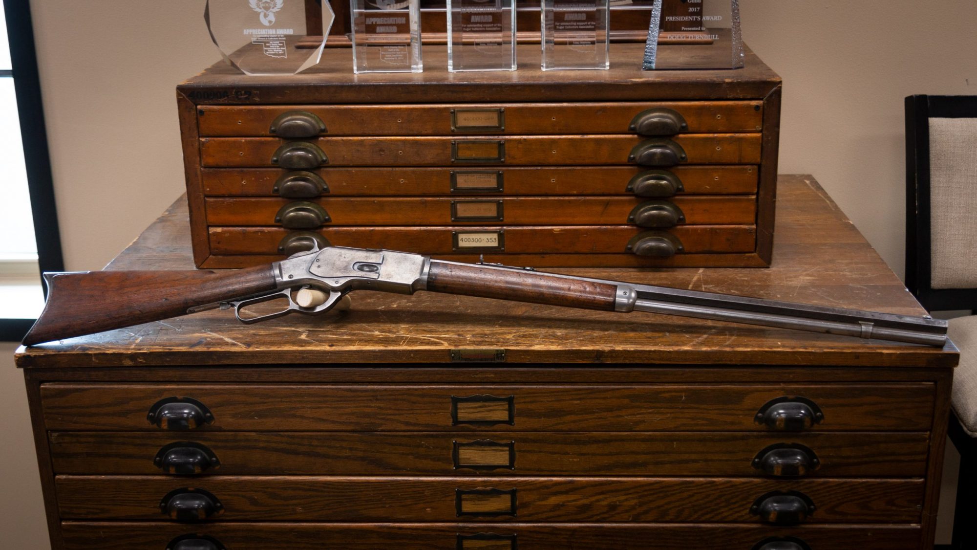 Photo of an antique Winchester Model 1873 from 1887, as sold by Turnbull Restoration in Bloomfield, NY