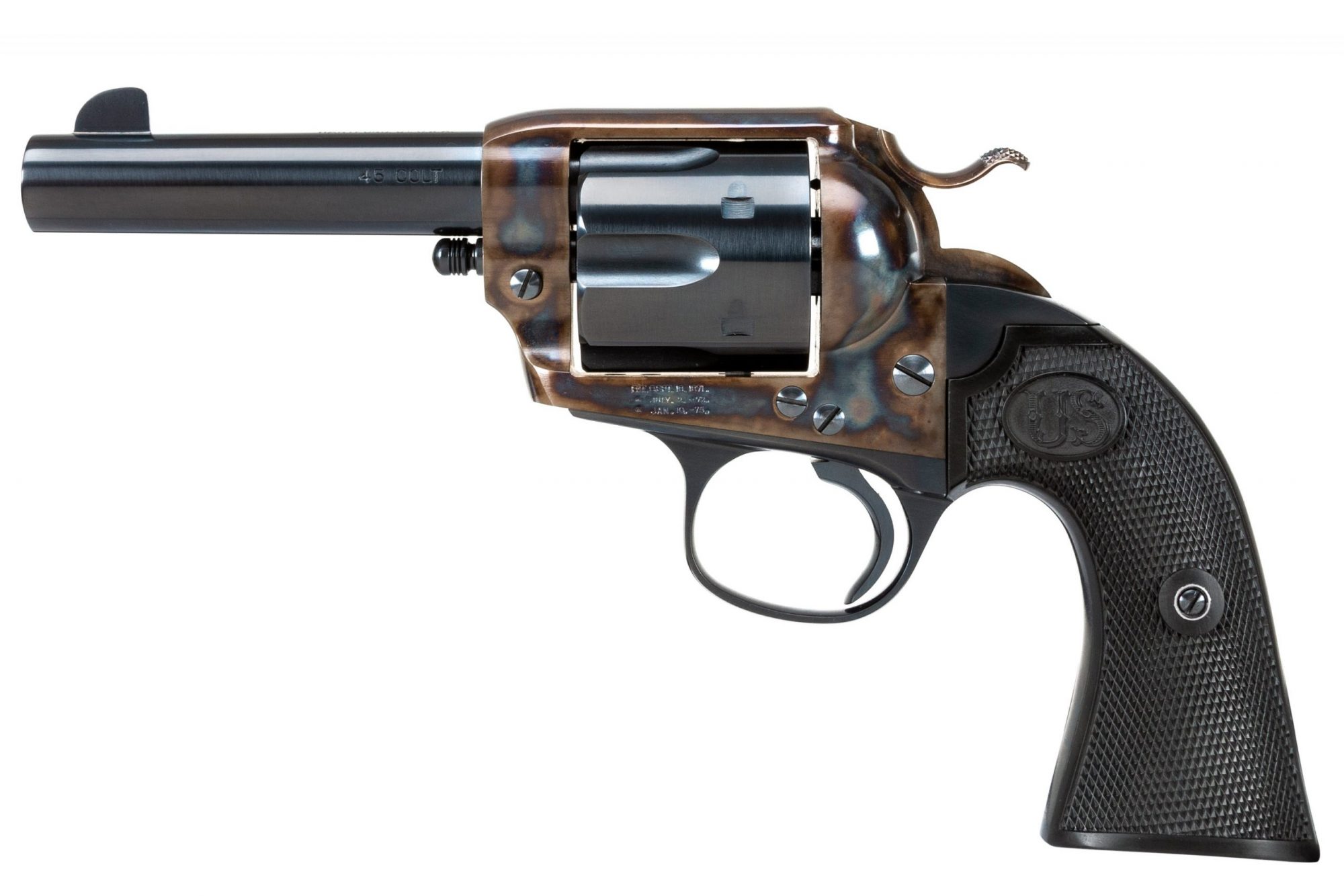 Photo of a Turnbull Finished U.S. Firearms SAA Bisley, featuring bone charcoal color case hardening