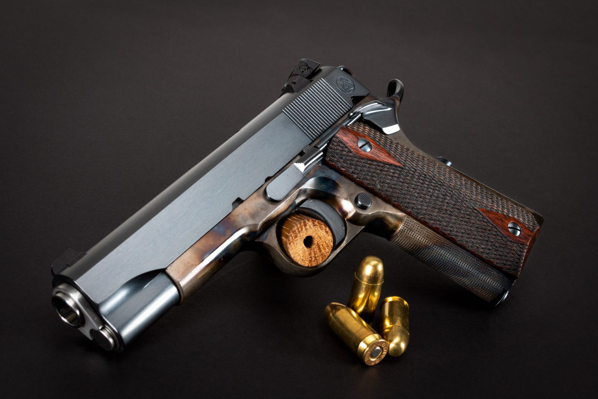 Photo of a new Turnbull Model 1911 Commander, featuring bone charcoal color case hardening