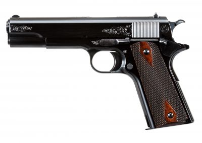 Photo of a new Turnbull Model 1911 WWI, featuring charcoal bluing and engraving