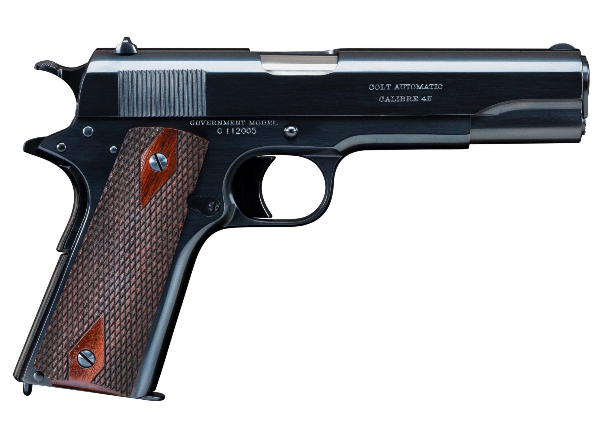 Photo of a Colt Government Model 1911 Commercial, restored by Turnbull Restoration and featuring all period-correct finishes including charcoal bluing