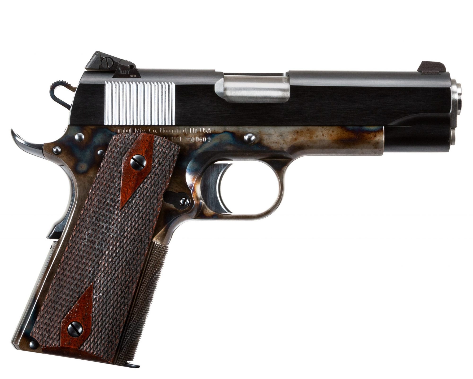 Photo of a new Turnbull Model 1911 Commander, featuring bone charcoal color case hardening