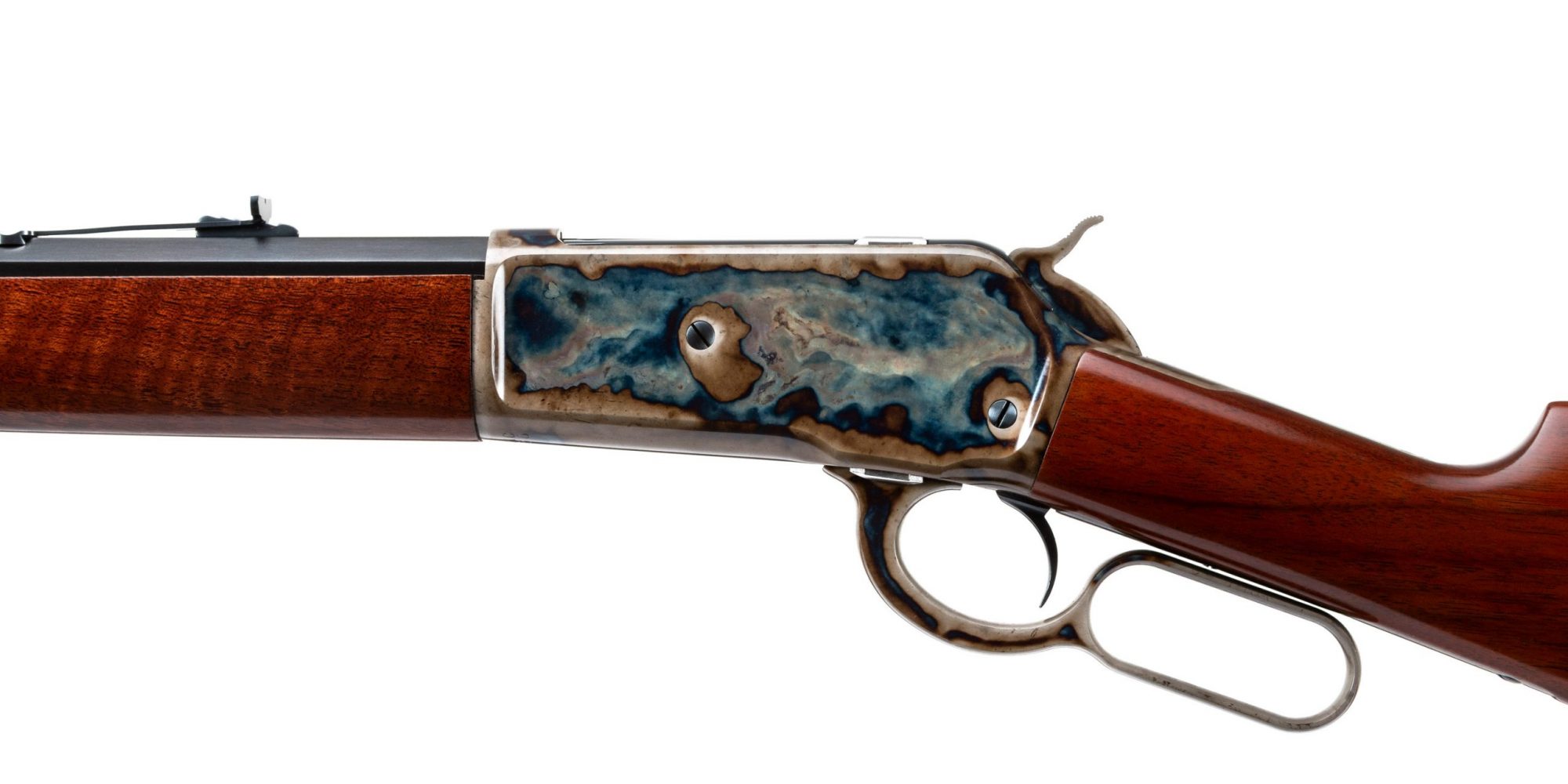 Photo of a Turnbull Model 1886 lever action rifle, featuring restoration-grade finishes like bone charcoal color case hardening, charcoal bluing and rust bluing