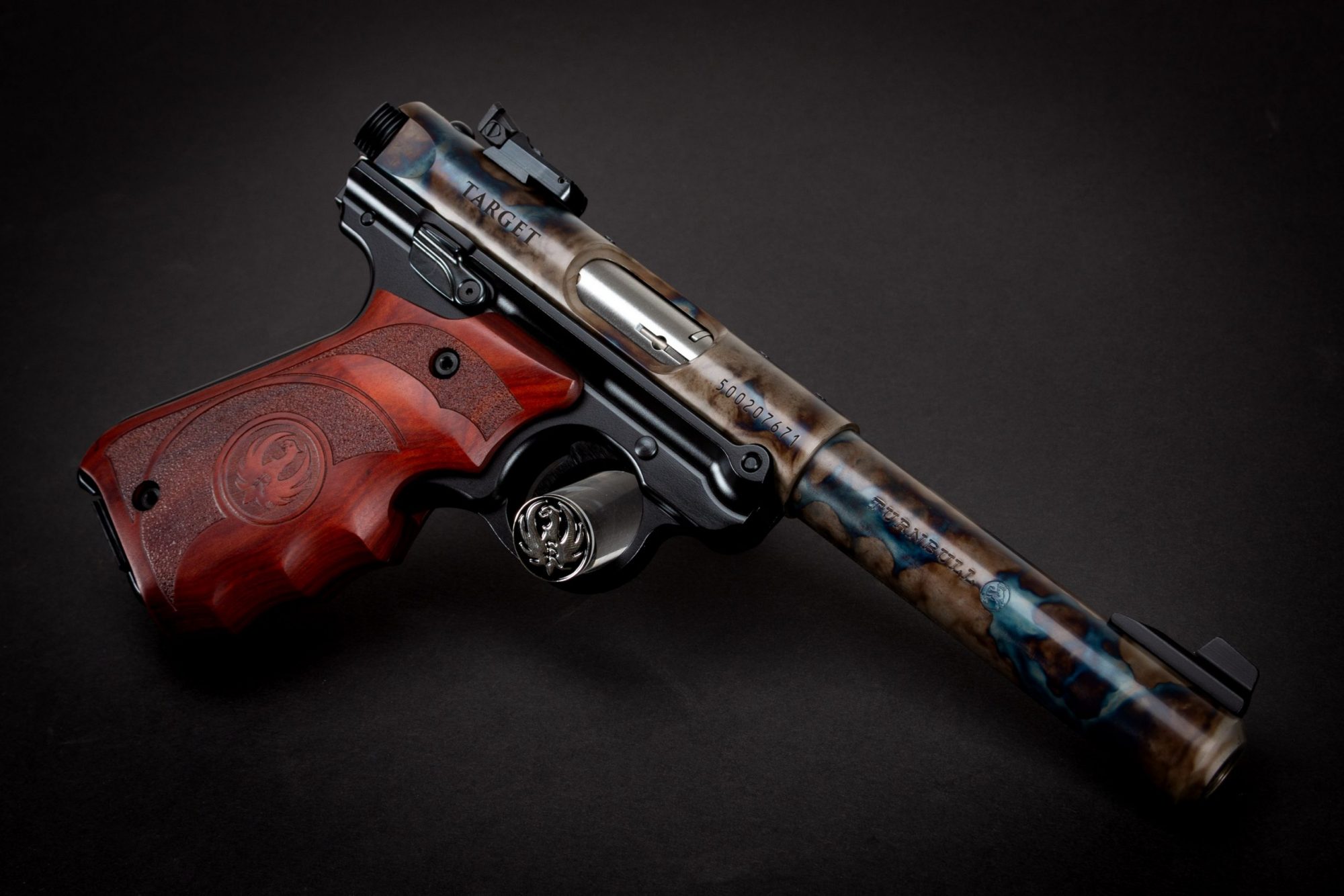 Photo of a Turnbull Finished Ruger Mark IV, featuring bone charcoal color case hardening by Turnbull Restoration of Bloomfield, NY