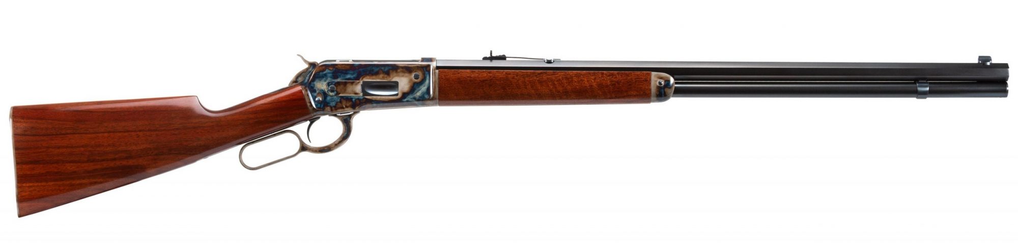 Photo of a Turnbull Model 1886 lever action rifle, featuring restoration-grade finishes like bone charcoal color case hardening, charcoal bluing and rust bluing